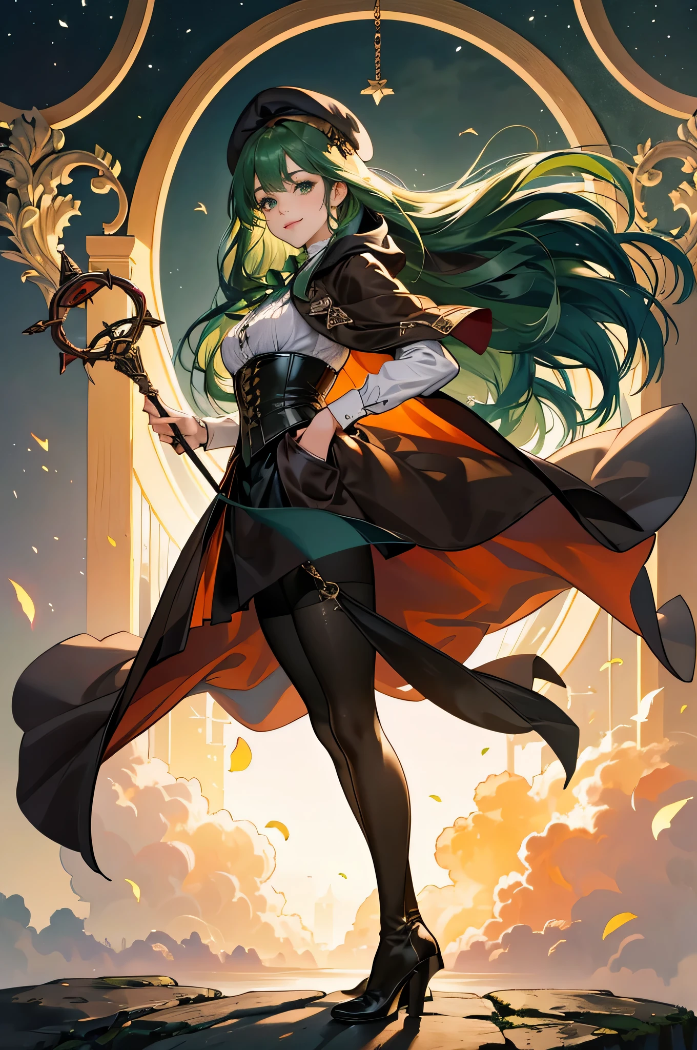 masterpiece, ultra detailed, 8k portrait, RAW photo, portrait photography, highly detailed face, beautiful and meticulous eyes, ((Fantasy)), Young beautiful, 22 years old, smile, dynamic pose, (((Long Straight deep green hair))), ((One side is woven with orange ribbon)), blunt bangs, beret, White skin color, Luxury, hooded (((dark brown))) (((silk long cloak))) fluttering in the wind, (((dressed shirt))), (((maxi skirt))), leather corset, (((dark thigh high tights))), high cut leather boots, (((lift up long magical staff))), ((equip a pocket watch)), Body model, Small breasts, Beautiful breasts, Long legs, Midday Sun, Hyper realistic, in a castle, Ambient lighting, Shadow details, strong breeze, Light fog