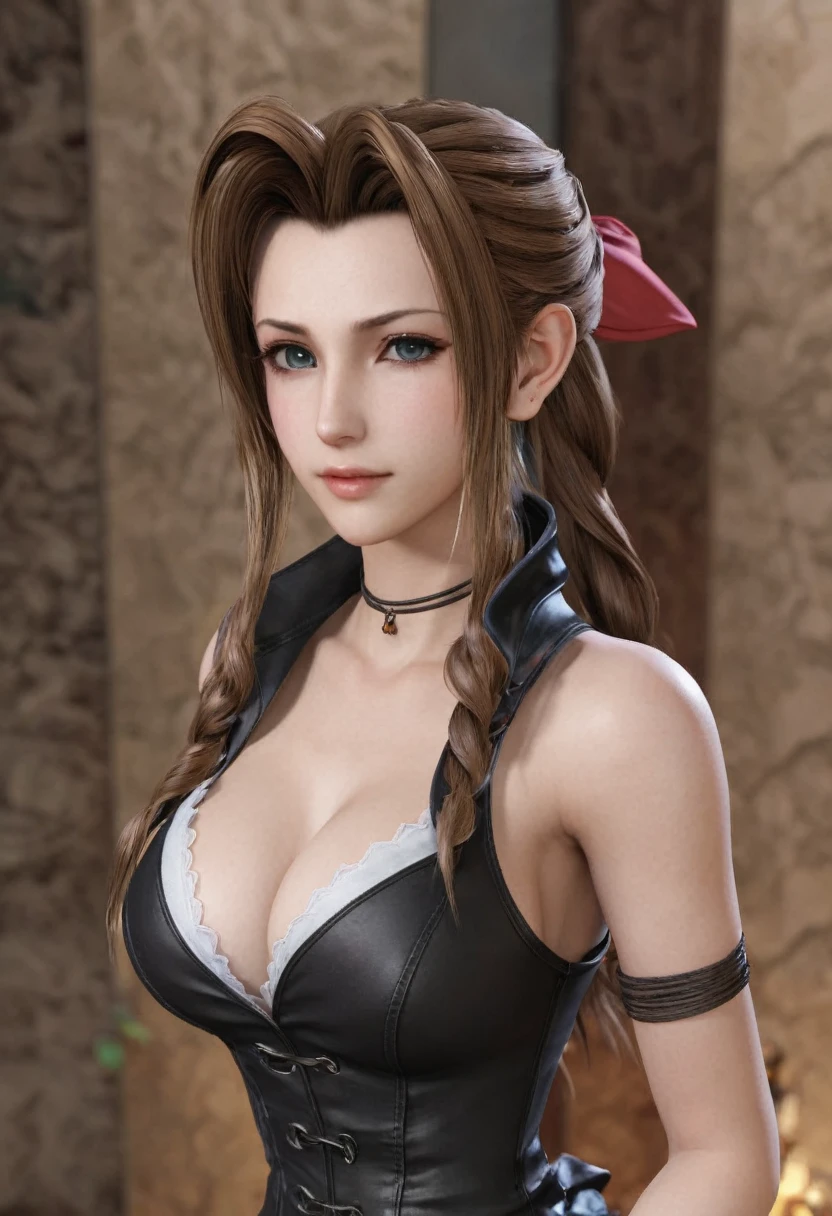 1 realistic MIAOKA _ Aerith 】(Unique Edition)Alice,  perfet body, perfect face,thin curved eyebrows, long luscious  eyelashes, black eyeliner, black eye shadow, rosie cheeks, dark lipstick,  large voluptuous curved breasts, Tattooed, complete fullbody, back drop of final fantasy midgar daytime 