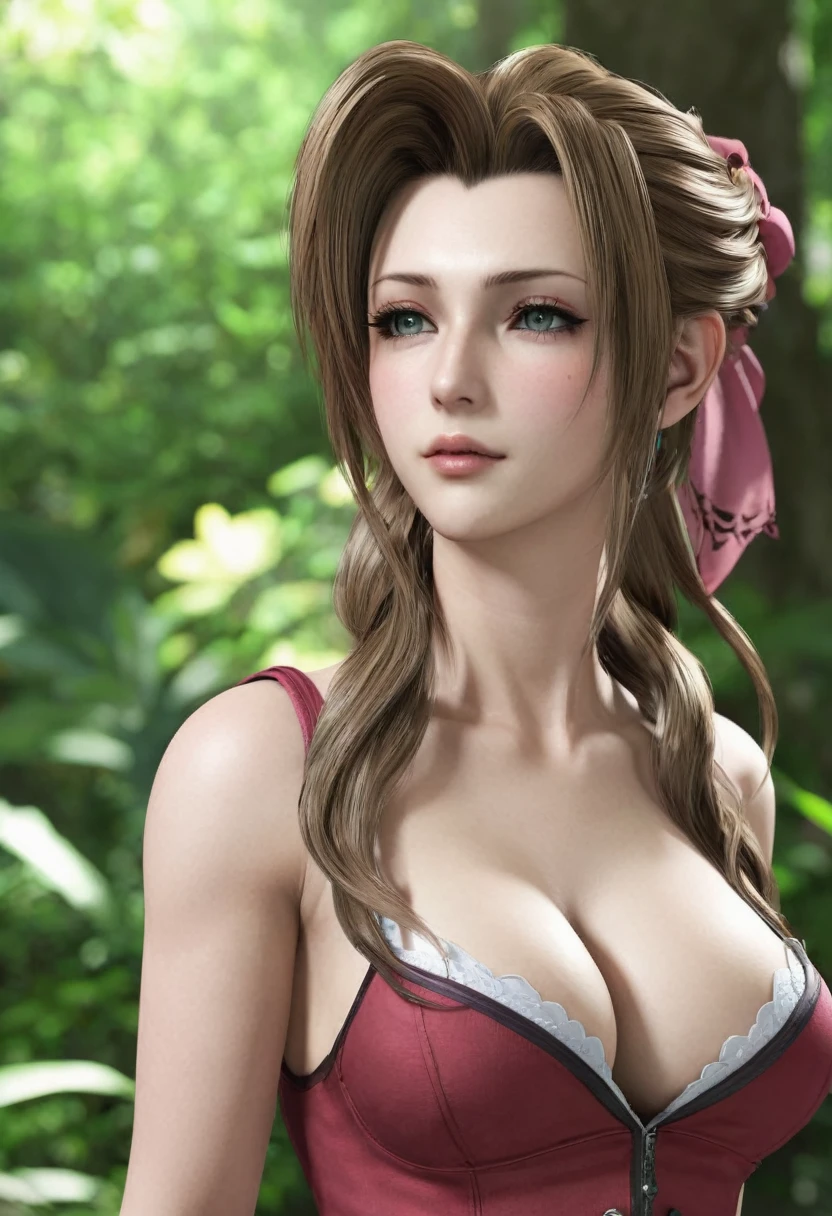 1 realistic MIAOKA _ Aerith 】(Unique Edition)Alice,  perfet body, perfect face,thin curved eyebrows, long luscious  eyelashes, black eyeliner, black eye shadow, rosie cheeks, dark lipstick,  large voluptuous curved breasts, Tattooed, complete fullbody, back drop of final fantasy midgar daytime 