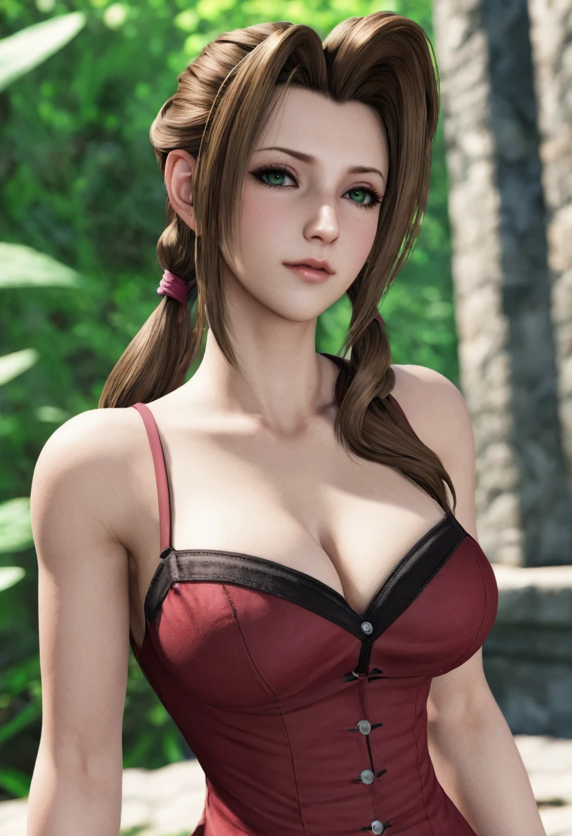 1 realistic MIAOKA _ Aerith 】(Unique Edition)Alice,  perfet body, perfect face,thin curved eyebrows, long luscious  eyelashes, black eyeliner, black eye shadow, rosie cheeks, dark lipstick,  large voluptuous curved breasts, Tattooed, complete fullbody, back drop of final fantasy midgar daytime 