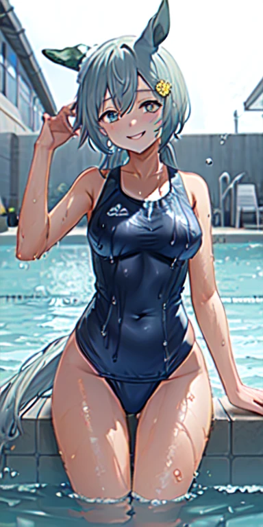 Seiun Sky \(umamusume\), long hair, one piece swimsuit, large breasts, thighs, swimming pool, (soaking wet:1.2), smiling