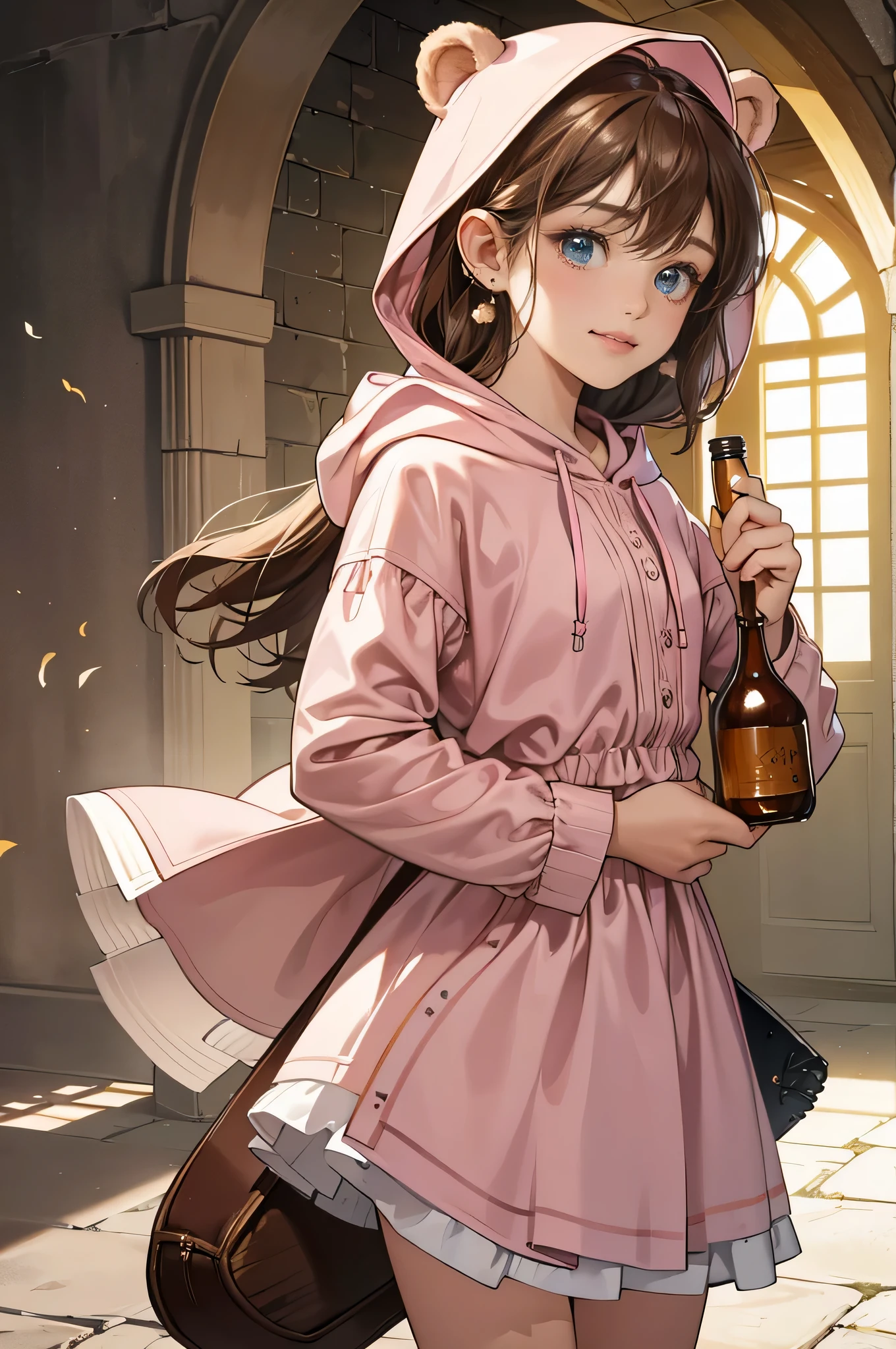masterpiece, ultra detailed, 8K Portrait, Raw photo, a portrait photo of, Highly detailed face, beautiful and meticulous eyes, ((Fantasy)), 7 year old girl, , Light brown short hair, Kind face, Cute smile, adventurer, (((Little bear  ear attached Hooded))) (((Pink-brown silk long-caped))) Fluttering in the wind, Leather boots, one side blue earring, Hold a Maple Syrup Bottle, Midday Sun, Hyper realistic, in a castle, Ambient lighting, Shadow details , strong breeze, Light fog