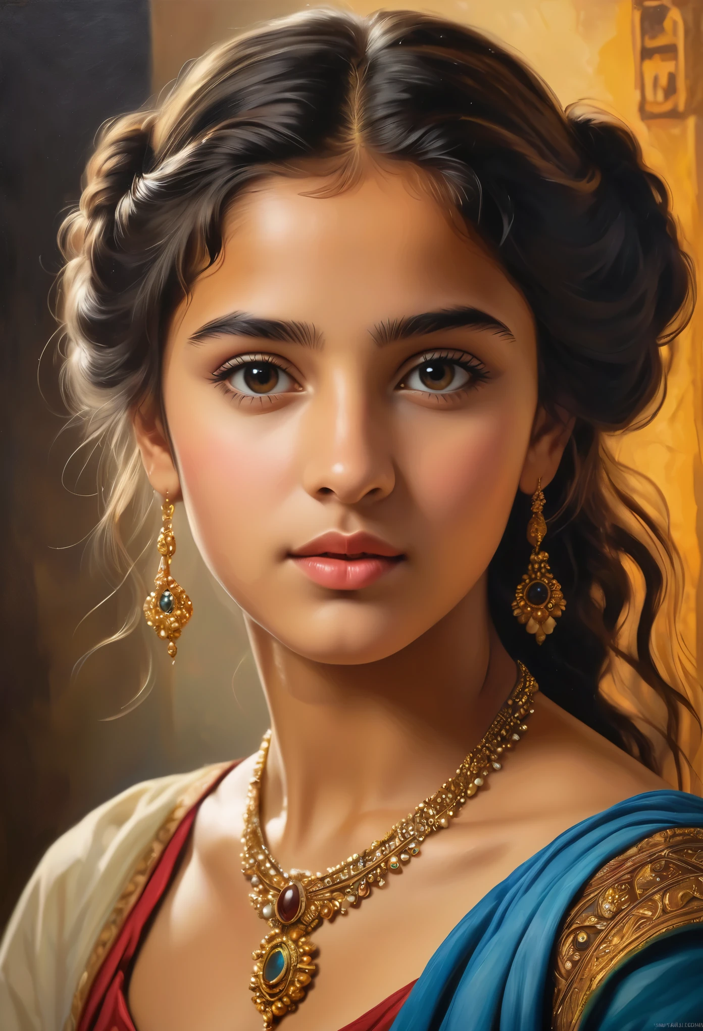 (highres,masterpiece:1.2),(realistic:1.37), A portrait of a beautiful 18-year-old Roma girl, an exotic and exquisite beauty, a masterpiece of a skilled artist's rendering of the life force of a young girl. The portrait is created in the style of classical portraiture, reminiscent of the works of renowned artists from the era. A great masterpiece of the century, you can even feel the breath of the lively girl.