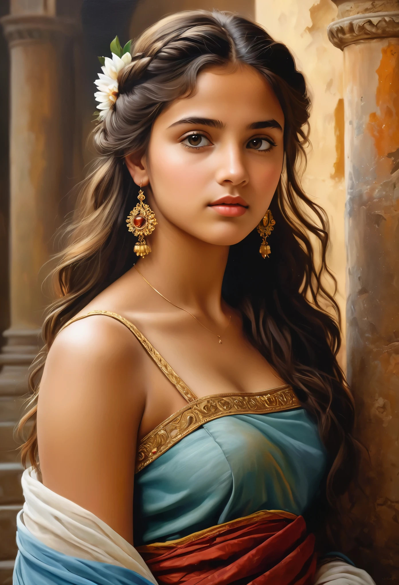(highres,masterpiece:1.2),(realistic:1.37), A portrait of a beautiful 18-year-old Roma girl, an exotic and exquisite beauty, a masterpiece of a skilled artist's rendering of the life force of a young girl. The portrait is created in the style of classical portraiture, reminiscent of the works of renowned artists from the era. A great masterpiece of the century, you can even feel the breath of the lively girl.