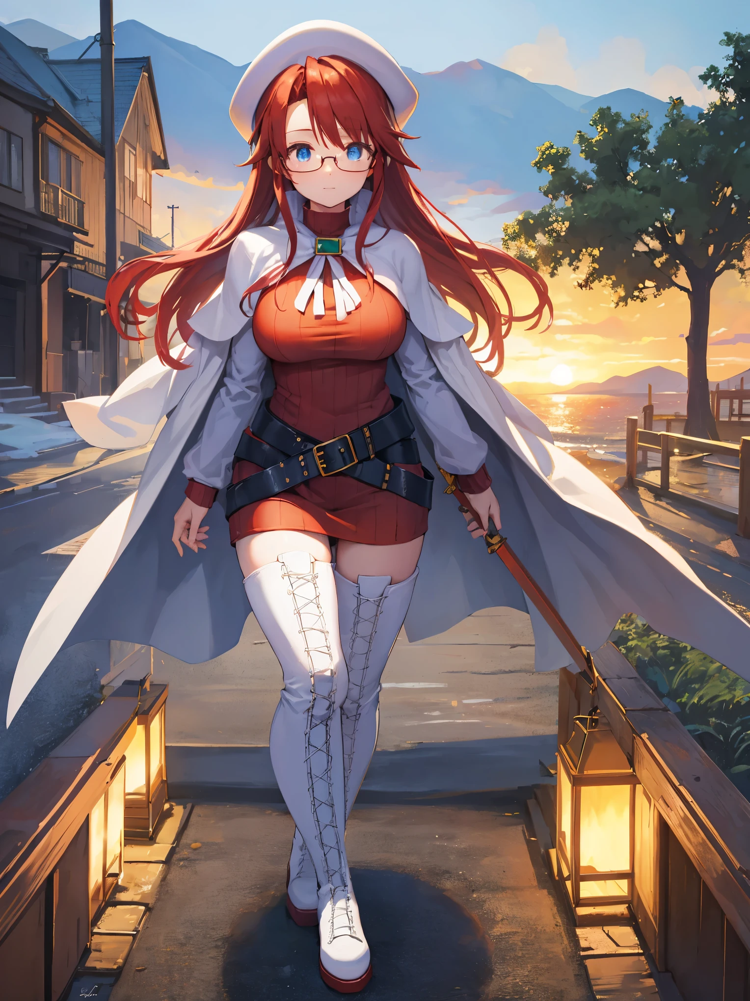 summonnightaty, aty, long hair, blue eyes, red hair, beret, hat, glasses,
BREAK long hair, thighhighs, hat, dress, boots, glasses, belt, cape, sweater, zettai ryouiki, beret, thigh boots, white footwear, ribbed sweater, loose belt,solo,
BREAK outdoors, fantasy,on_a_ship,
BREAK (masterpiece:1.2), best quality, high resolution, unity 8k wallpaper, (illustration:0.8), (beautiful detailed eyes:1.6), extremely detailed face, perfect lighting, extremely detailed CG, (perfect hands, perfect anatomy),covered_nipples,covered_navel,light_smile ,(half_eyes:1.4),sword,armpit,sleepy,dynamic_standing,barrel,red_sweater,apart_legs,magical_effect,pulmp,big_tits,