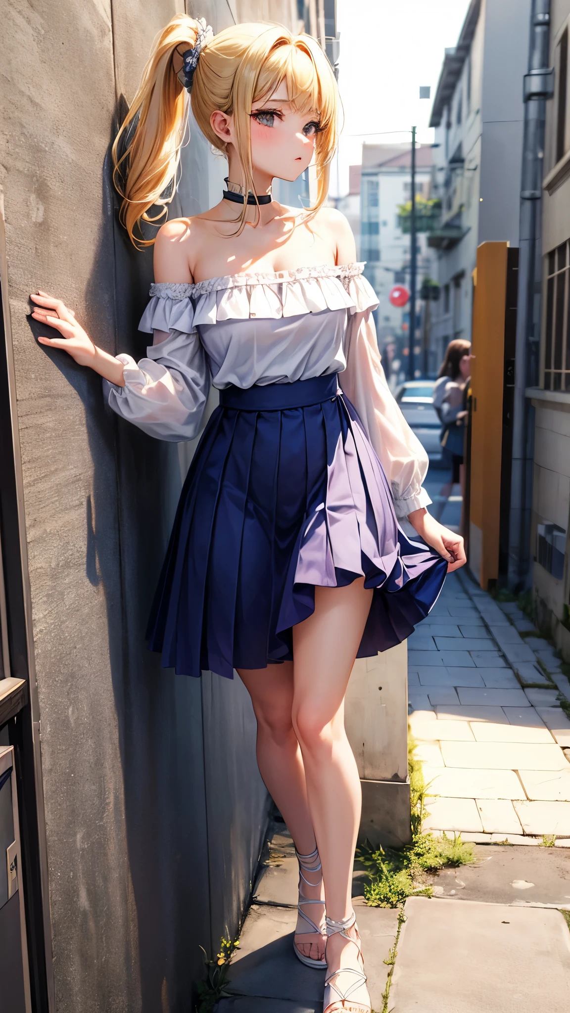 highest quality、4K quality、lean against the wall、Beautiful cleavage、Off-the-shoulder tube knit shirt、Frilled Skirt、Beautiful Style、tall、Small breasts、Bare buttocks、Small Ass、Blonde up ponytail、Shy face、20-year-old female college student、Bare shoulders、grab the skirt、Spring Outfits