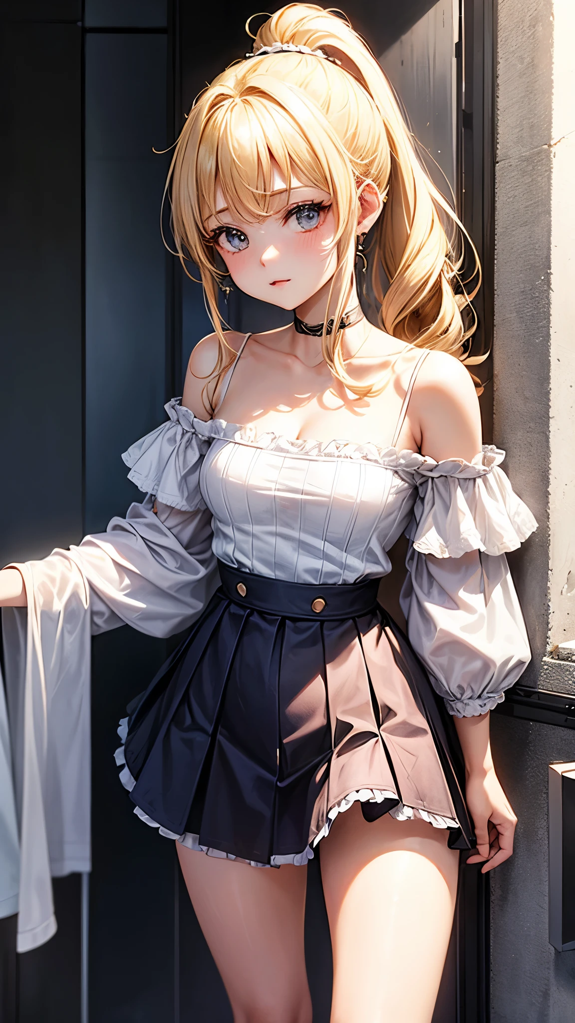 masterpiece, best quality, high-resolution, finely detailed, extremely detailed and beautiful, distinct_image, 1 girl, solo, White French Maid Uniform, beautiful young teenage girl, 13 years old, pearly white skin, Blonde braided ponytail hair, adorable and cute facial features, golden-brown colored eyes, Black sheer stockings plump thick lips, tiny breasts, slender and slim toned body type, tall height(180cm), small narrow waist, wide curvy hips, plump large round ass, full body picture, cat-ears, cat tail