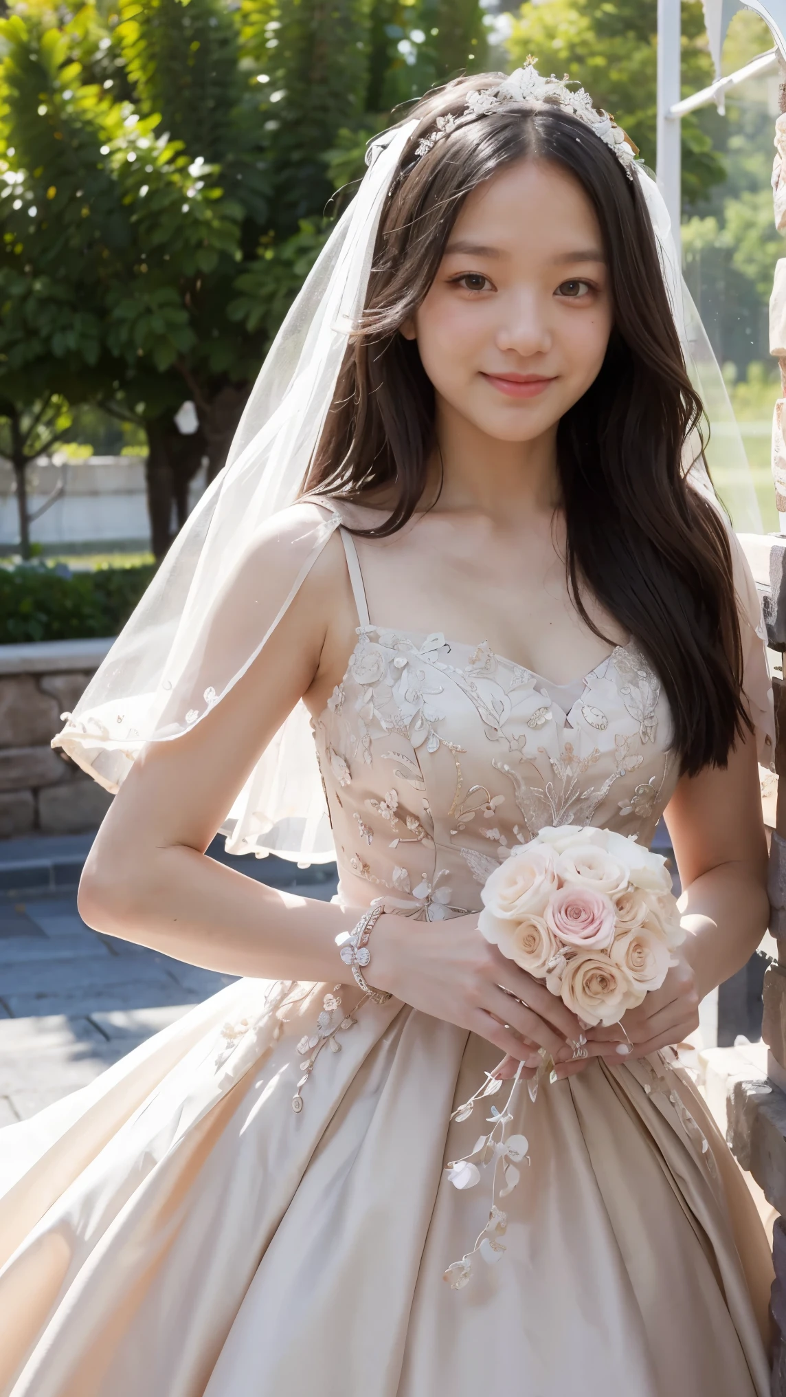 (best quality, masterpiece:1.2), (realistic:1.3),, (ultra-detailed background, detailed background), bokeh,, , gorgeous prom dresses, luxury prom dresses, wedding dress, bridal veil, bridal gauntlets, bridal cascading bouquet,, upper body,, wedding at church,, , 1girl, cute, age, posing, smiling,, dynamic angle, dynamic pose,, , very long hair