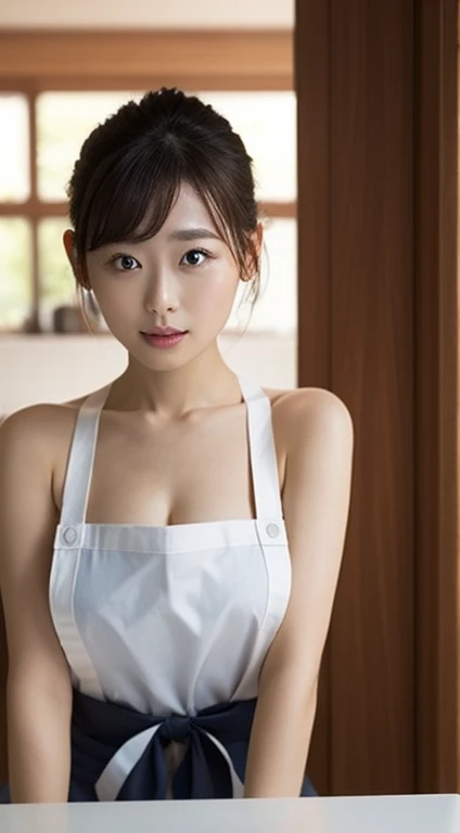 hightquality、​masterpiece、ultra res、cute girl face、kitchin、barechested、pinafore、Naked apron、full bodyesbian、Famous actresses of Japan、very beautiful face