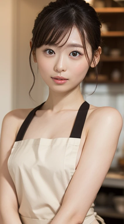 One Woman、Big slanted eyes、naked apron:1.5、The sides of her breasts are visible through her apron、Tie your hair up