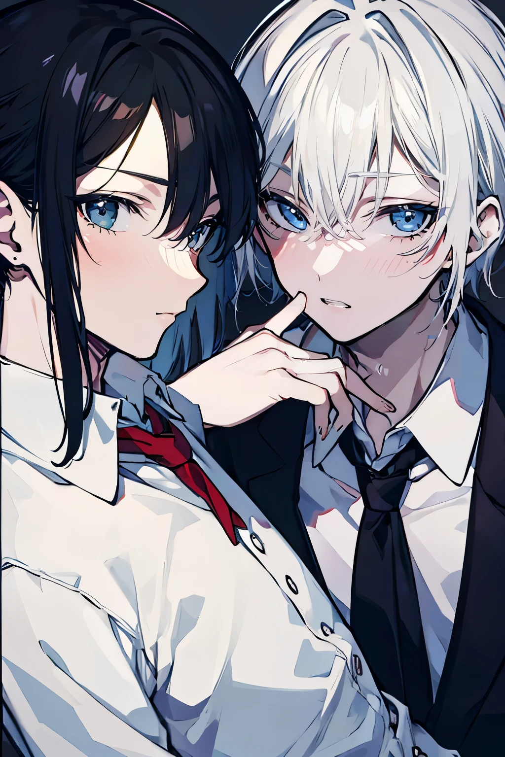 (Mastepiece), (Best Quality), Very detailed, ((Two friendly men)), Perfect Face, Beautiful Face, Very detailed顔,(Black-haired man:1.3),(white haired man:1.3),suit,shirt