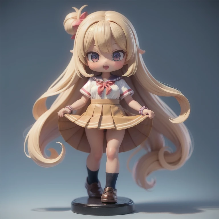 (masterpiece, best quality:1.2), 1girl,student, ((masterpiece, highest quality, Highest image quality, High resolution, photorealistic, Raw photo, 8K)),(nendoroid figure), miniatures,illustration,blonde hair,(tanned dark skin),loose socks,very happy,whole body,skirt lift(skirt hold),nude,undressing,showing titties((visible nipple)),((visible vagina)),three-dimensional,octane rendering,Perfect face,Collagen texture((flowing hair))