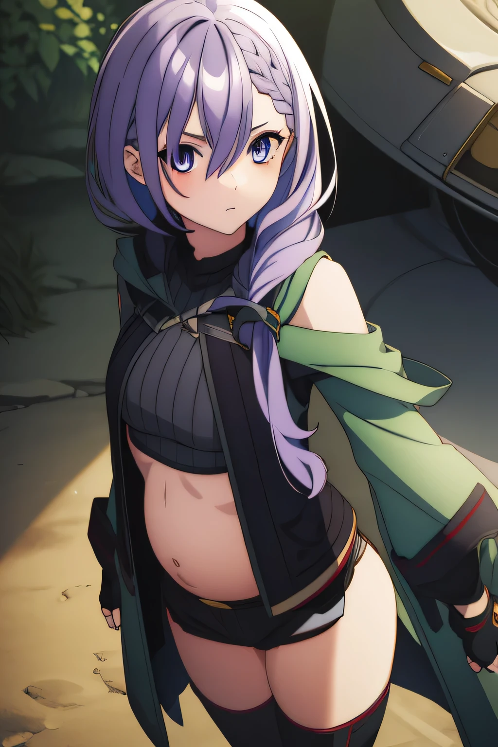 iseleveluna, luna jacket, long hair, purple hair, braid, hair between eyes, braided bangs, BREAK thighhighs, gloves, shorts, midriff, fingerless gloves, mask, BREAK looking at viewer, BREAK outdoors, BREAK (masterpiece:1.2), best quality, high resolution, unity 8k wallpaper, (illustration:0.8), (beautiful detailed eyes:1.6), extremely detailed face, perfect lighting, extremely detailed CG, (perfect hands, perfect anatomy), pregnant
