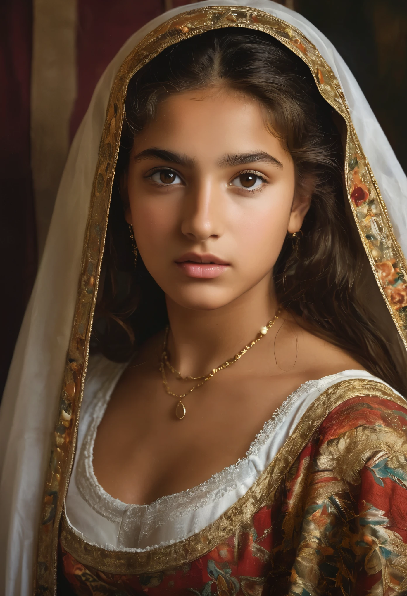 (highres,masterpiece:1.2),(realistic:1.37), A portrait of a beautiful 18-year-old Roma girl, an exotic and exquisite beauty, a masterpiece of a skilled artist's rendering of the life force of a young girl. The portrait is created in the style of classical portraiture, reminiscent of the works of renowned artists from the era. A great masterpiece of the century, you can even feel the breath of the lively girl.