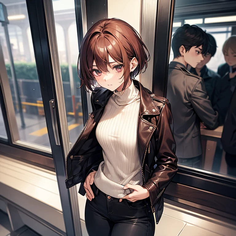 Masterpiece、Subtle details、Adult women、Sophisticated、On a city train、Slender beauty、delicate、Model-like body、Knitwear with a high neck、leather jacket、Riders jacket、Low rise skinny pants、tall、Stylish、Small breasts、Sharp Eyes、Cool Beauty、older sister、Pixie Cut、The hair ends are trimmed、short nape、Hair with reduced volume、Thick-soled boots、Reddish brown hair、Embarrassed、