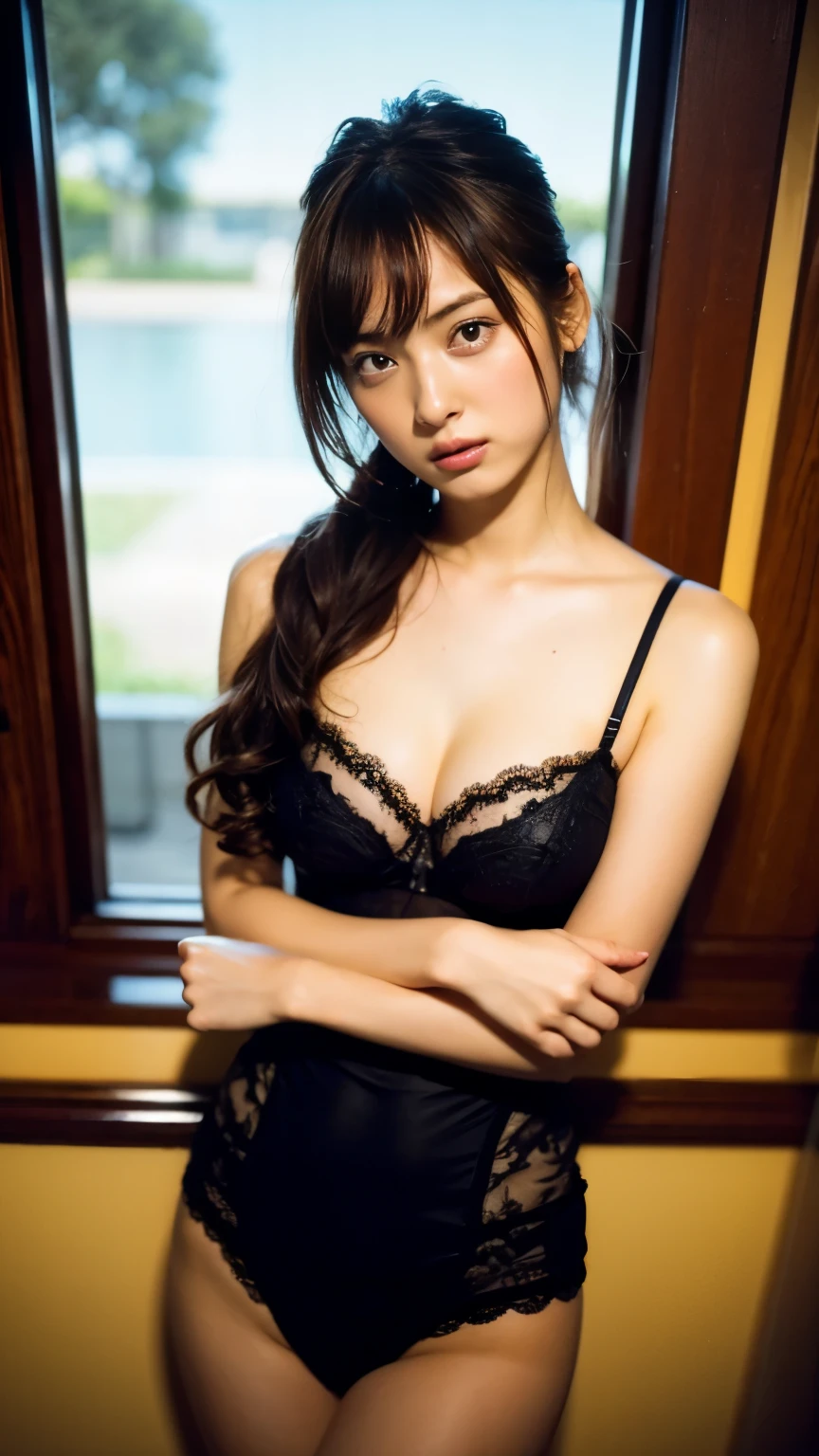 Browsing Caution、Very detailedな CG Unity 8k 壁紙、highest quality、Very detailed、masterpiece、Studio shot、full body portrait、From above、big, full, round chest、Photorealistic、Very detailedなかわいい女の子、alone、Melancholic expression, brown hair, Updo、full body photo、Sheer embroidered lace underwear、big breasts、shy、Slender body、Reincarnation of Mirei Kuritani、20-year-old、Too much exposed skin