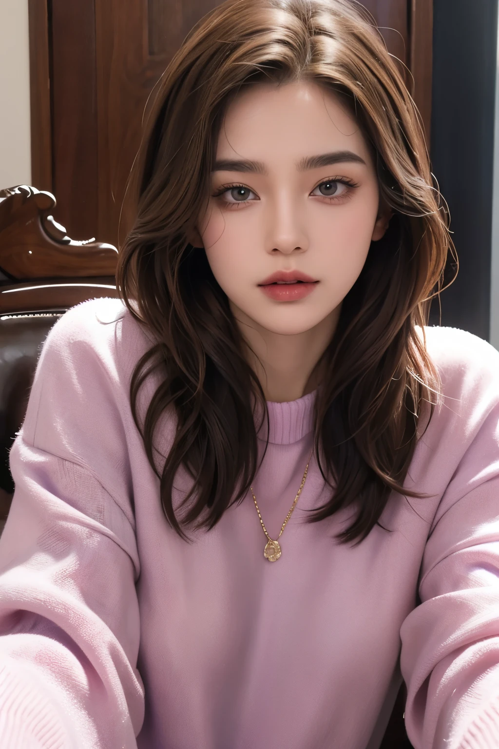 Girl, long brown hair, gray eyes, sharp features, white skin, pink lips, purple sweater