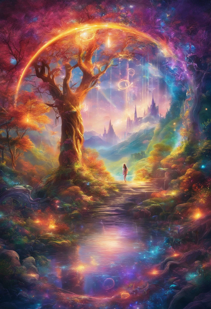 Mysterious glowing spell casting girl, Fantasy Rainbow Forest, Vibrant colors, Fantastic lighting, Detailed leaves, Magical atmosphere, enchanting landscape, Dreamy atmosphere, Sparkling Sparkle, Loose-fitting robes, Magic thread, Mysterious creatures, Magic Tree, Sparkling Stream, radiant energy, mystical symbol, Surreal beauty, Otherworldly landscapes, Swirling Mist, Magic in the air, A magical moment, A fascinating sight, Essence of Ether, magic spell, Mysterious Aura, Captivating Charm, Fascinated by onlookers, transcendental experience, magic vortex, Hidden Secrets, Whimsical Creatures, Vivid charm, Enchanting atmosphere, Graceful Melody, Shining rays, Otherworldly colors, Fascinating Movement, A joyful celebration in nature, Seductive Nymph, superpower, Pulsating Energy, Enchanting Spell, Fantastic World, transcendental experience