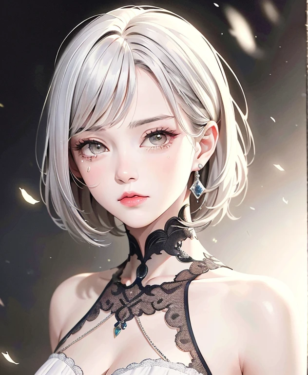 masterpiece, One Woman So Awesome, black long dress, Ink Painting, Mature Woman, A woman with short silver and white hair, Hair that falls over the shoulders, Pale pink lips, Indifference, Seriousness, bangs, Assassin, White clothes, Facial details, Correct Proportions, This painting was created in the Gwise style.、Oil painting of a woman with short hair. The entire painting uses a black and white palette. The woman&#39;s face is a very realistic woman&#39;s face, which are loved by the audience. Presented in a detailed drawing style. The woman&#39;s white hair is like snow, The eyes seem to be red and full of tears., exuding a mysterious atmosphere, The women are dressed elegantly and tastefully., The painting shows advanced technique throughout.