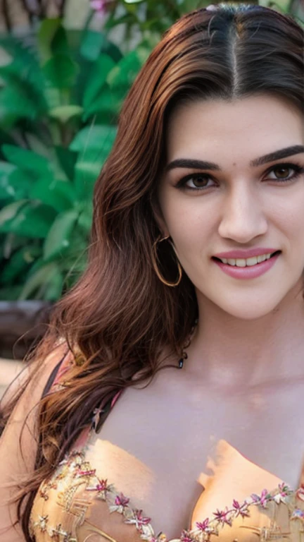 Kr1t1 sexy, kriti sanon, ((chubby face)),hot,(fleshy milf), cleavage, long legs, slender frame, hourglass figure, slender waist, voluptuous curves, seductive smile, toned body, radiant complexion, captivating gaze, sultry expression, flirtatious, photogenic, smiling, photorealistic, realistic, vibrant, detailed, High Detail, highly detailed, lots of fine detail, sharp focus, 8K, 4K, high resolution, ultra high res, high definition, masterpiece, best quality, rich colors, cinematic, cinematic lighting, Realistic Lighting, depth of field, natural shadows, ambient occlusion, subsurface scattering, reflections, soft lighting, lens flare, crisp edges, anisotropic shading, global illumination, Background A serene moonlit garden filled with night-blooming flowers and the soothing sounds of a trickling fountain, Beaded necklaces, Eyeliner, Eye shadow, Lipstick, Blush, Hair scarves, Chandelier earrings, Leather bracelets, Body chains, Utility belts, Espadrilles, Jewelry