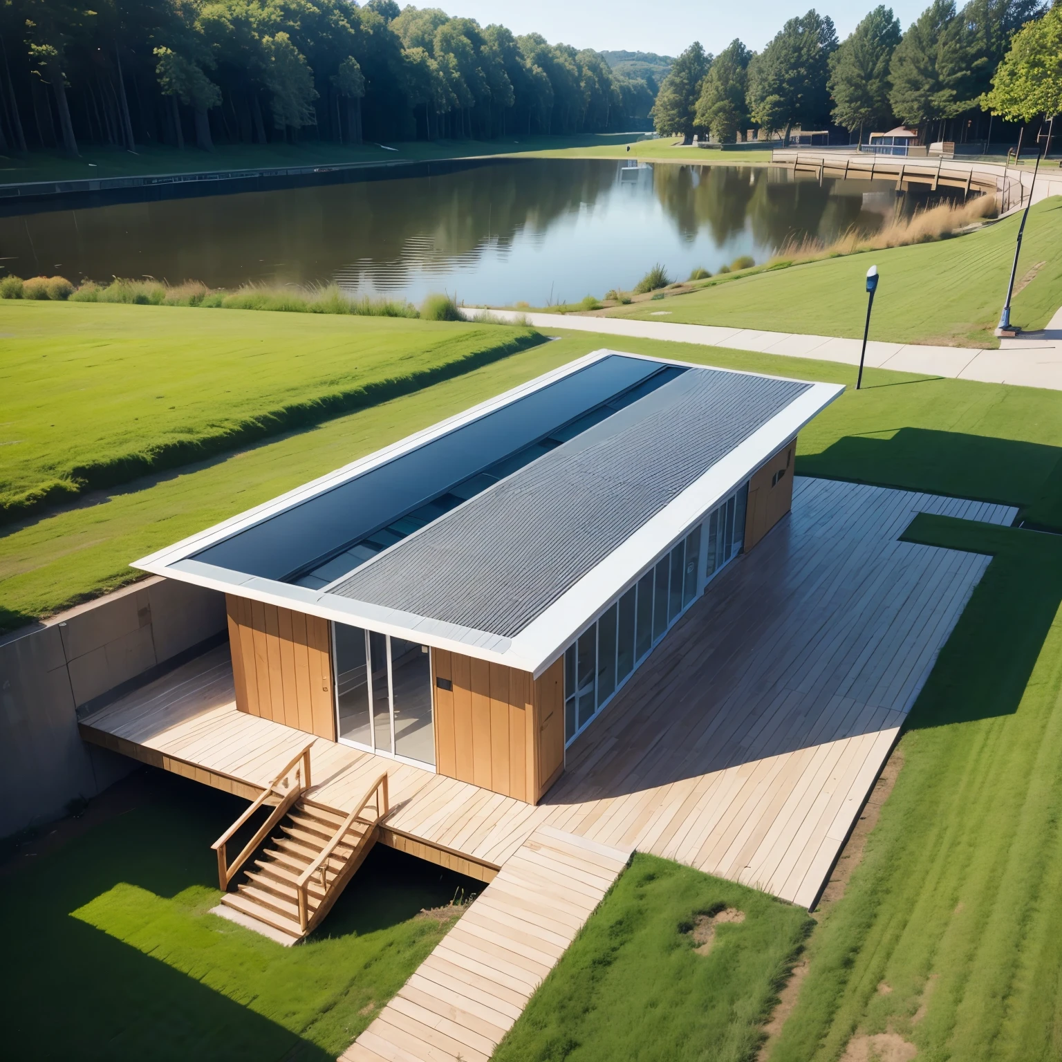 portable architecture near a campus lake for community engagement