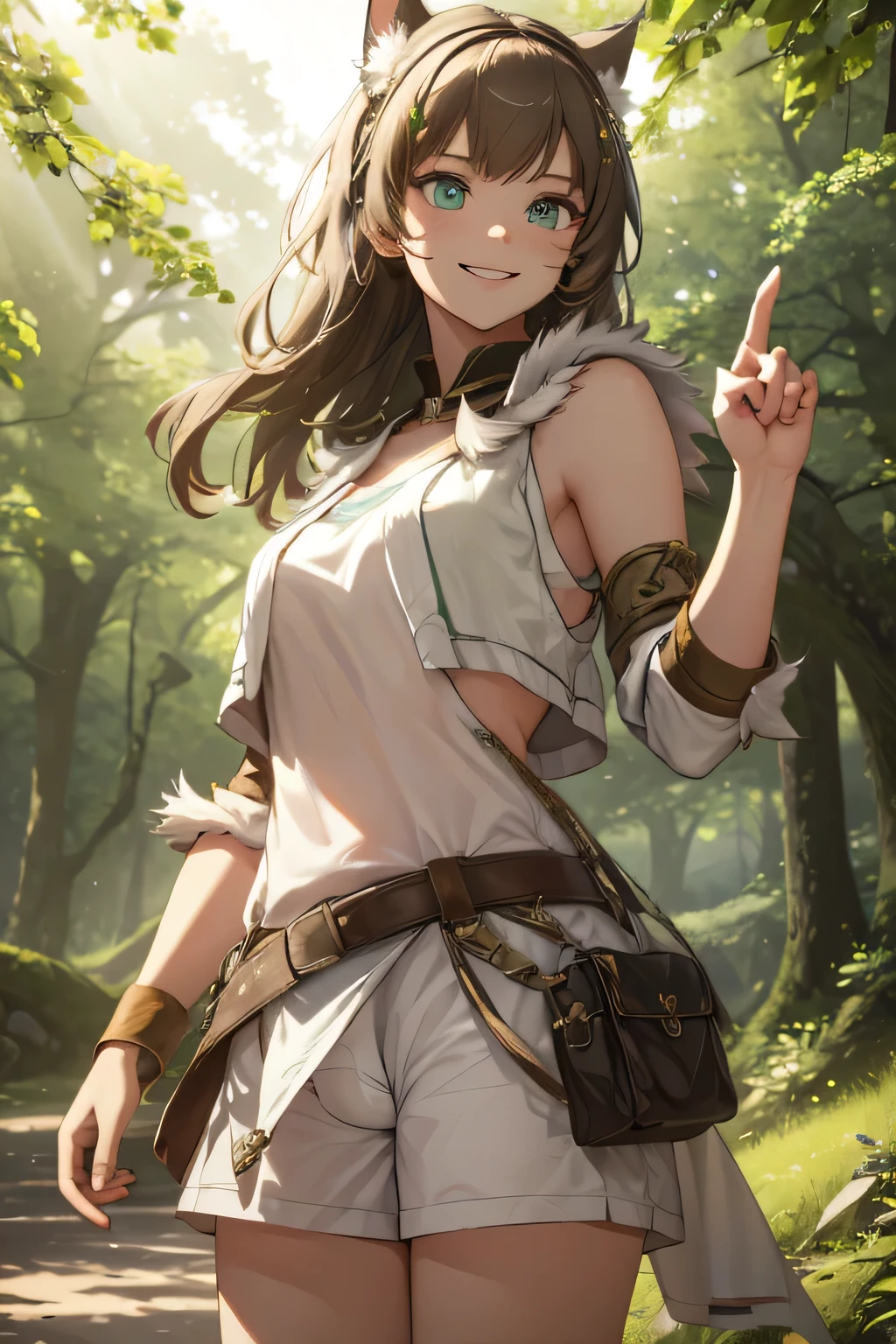 Fantasy setting, forest, spring, Green Eyes, 1 girl, solo, real, top quality, photorealistic, masterpiece, 8K, solo, hd face, soft lighting, ((daytime)), sky, (looking at camera, pointing into the distance), (portrait: 0.6), full-body, (medium hair), brown hair: 1.3, full lips, bright smile, Floating hair, smiling wide, Cat ears, tail, wild girl, Shorts, Druid girl,eyelashes, beautiful girl, Penis bulge,