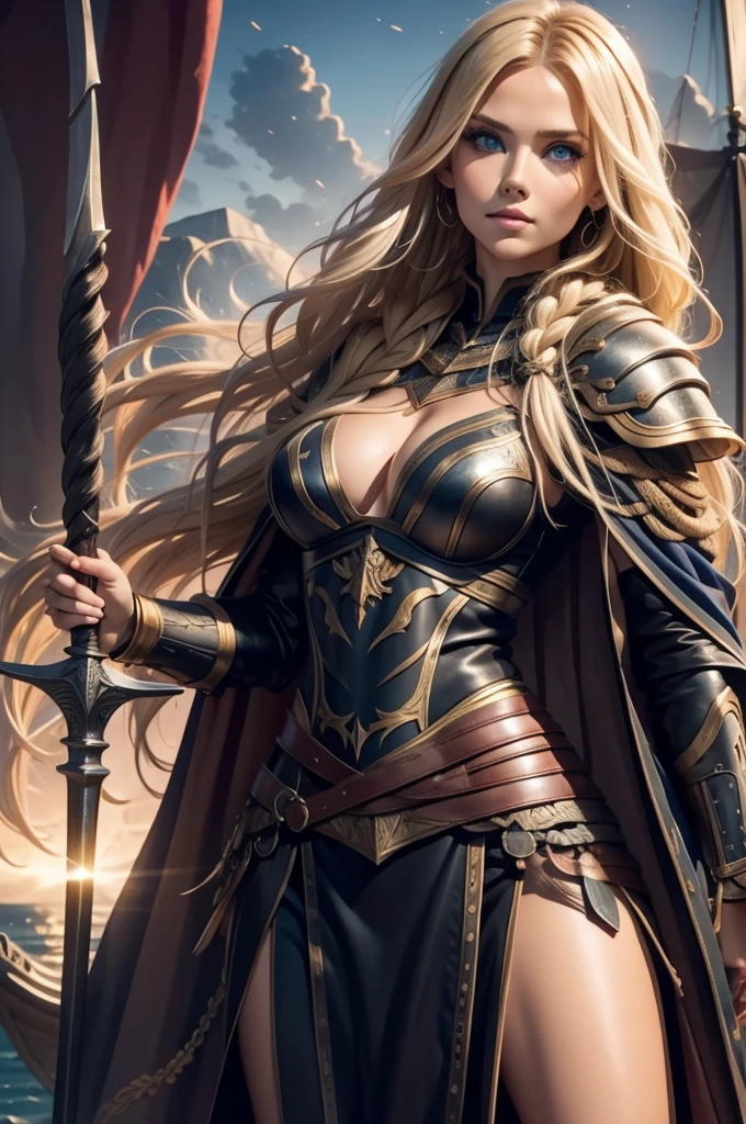 Gorgeous Woman, Valkyrie, Long blonde hair, blue eyes, detailed facial features, proportional hands, proportional fingers, leather armor, fur cape, viking ship,