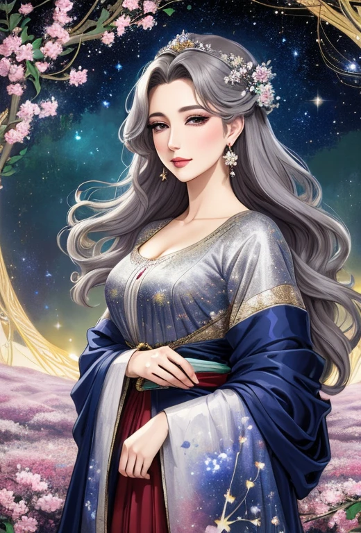 Masterpiece, 4K, ultra detailed, ((solo)), anime impressionism art style, elegant mature woman with beautiful detailed eyes and glamorous makeup, long flowy gray hair, finely detailed earrings, standing in a flowering forest, swirling starry night, more detail XL, SFW, depth of field,ukiyoe