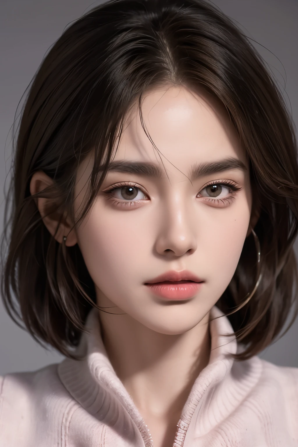Girl, long brown hair, gray eyes, sharp features, white skin, pink lips, purple sweater