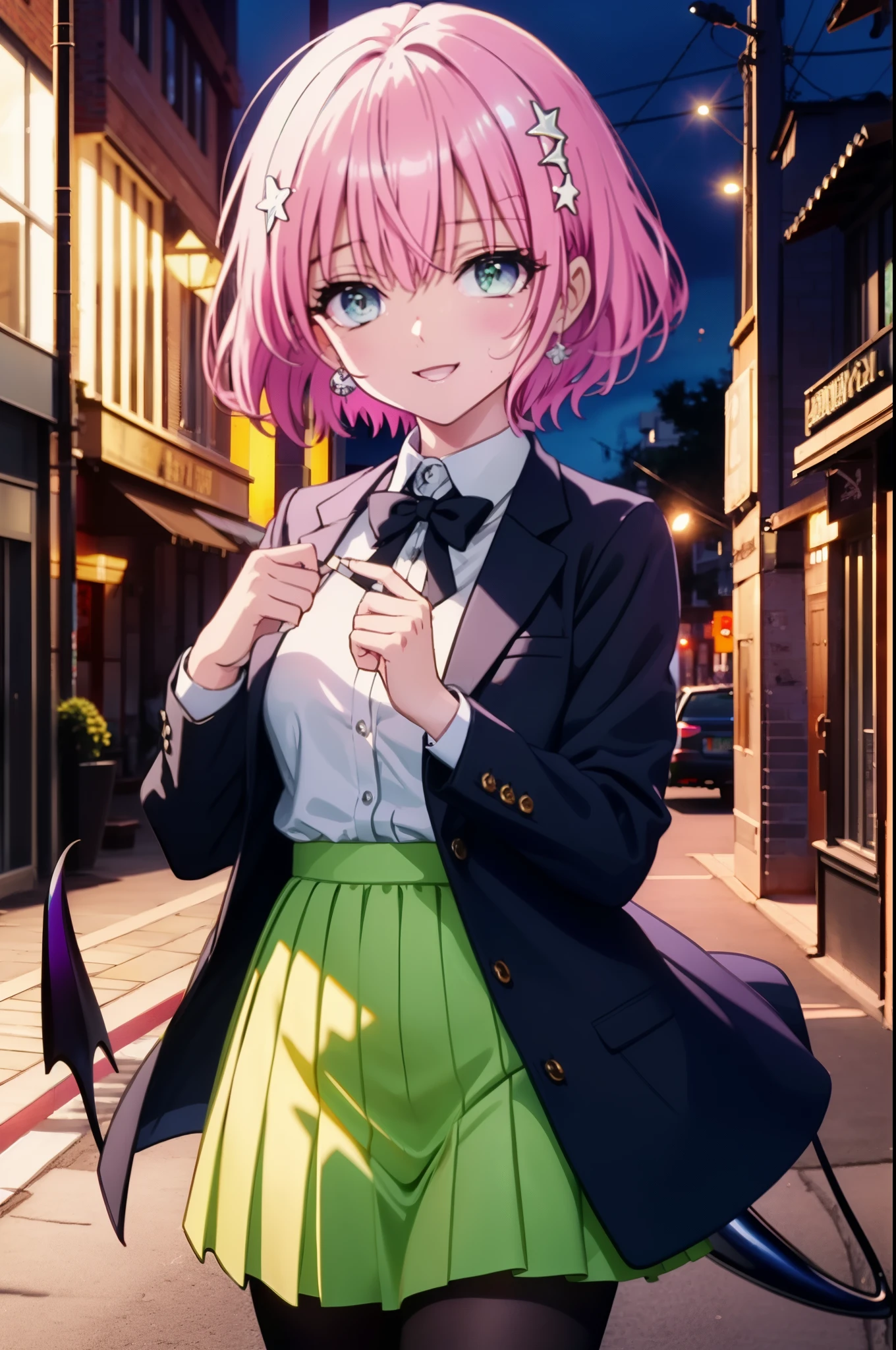 Momodeviluke, Deviluke type, demon tail, Hair Flowers, hair ornaments, (Purple eyes:1.1), Pink Hair, short hair, tail, happy smile, smile, Open your mouth,
break demon tail, Green Skirt, OL, Red glasses, end, black suit jacket, collared jacket, White dress shirt, Collared shirt, Neckline, button, strap, Black pencil skirt, Black pantyhose,Stiletto heels,morning,morning陽,The sun is rising,City Street,
break outdoors, In town,Building district,
break looking at viewer, (Cowboy Shot:1.5),
break (masterpiece:1.2), highest quality, High resolution, unity 8k wallpaper, (figure:0.8), (beautiful detailed eyes:1.6), extremely detailed face, Perfect lighting, extremely detailed CG, (Perfect hands, Perfect Anatomy),