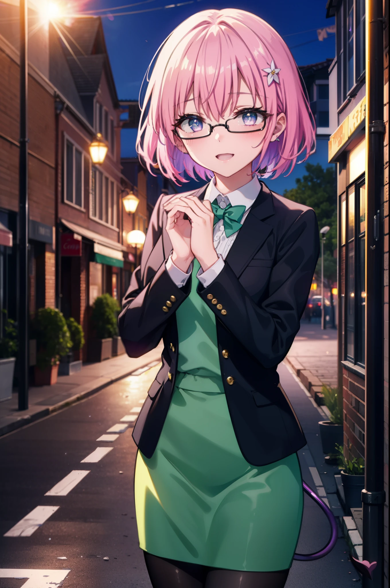 Momodeviluke, Deviluke type, demon tail, Hair Flowers, hair ornaments, (Purple eyes:1.1), Pink Hair, short hair, tail, happy smile, smile, Open your mouth,
break demon tail, Green Skirt, OL, Red glasses, end, black suit jacket, collared jacket, White dress shirt, Collared shirt, Neckline, button, strap, Black pencil skirt, Black pantyhose,Stiletto heels,morning,morning陽,The sun is rising,City Street,
break outdoors, In town,Building district,
break looking at viewer, (Cowboy Shot:1.5),
break (masterpiece:1.2), highest quality, High resolution, unity 8k wallpaper, (figure:0.8), (beautiful detailed eyes:1.6), extremely detailed face, Perfect lighting, extremely detailed CG, (Perfect hands, Perfect Anatomy),