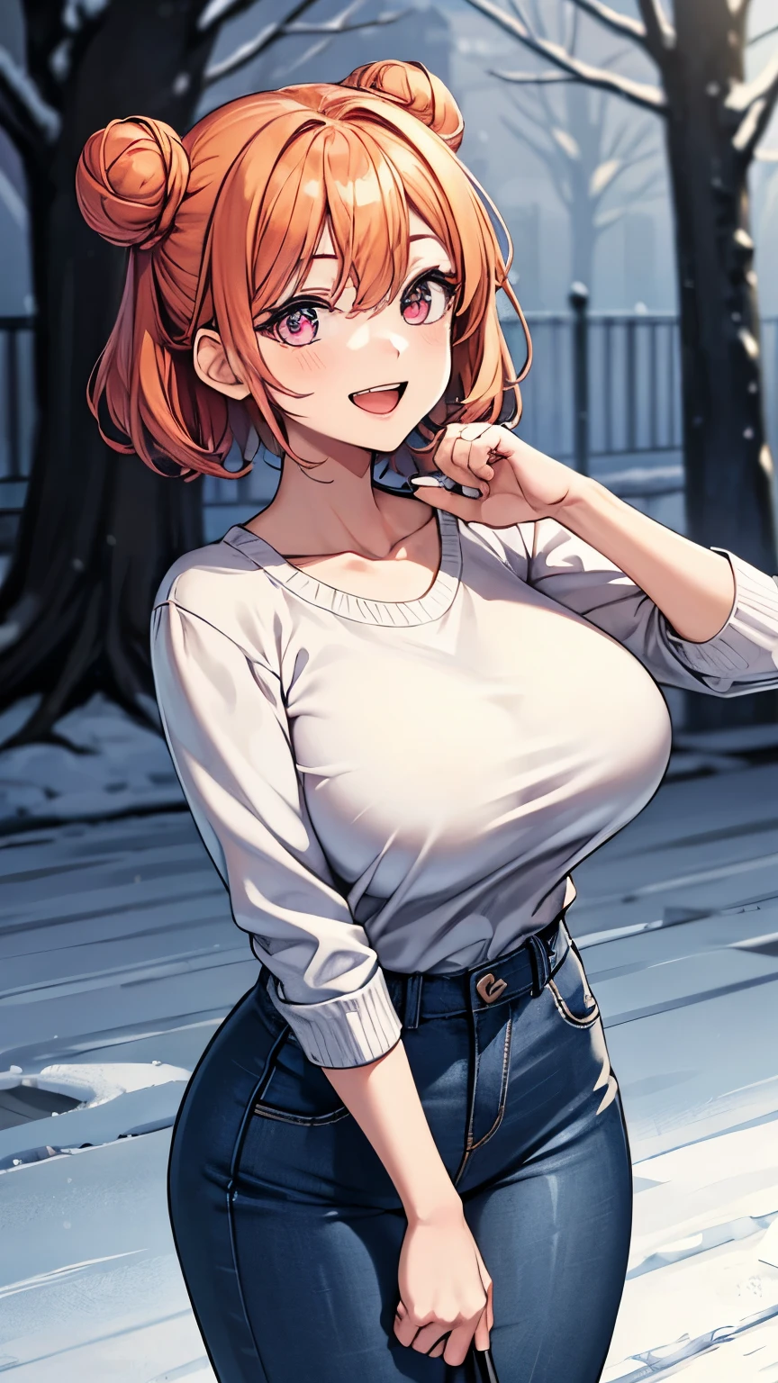 (masterpiece), best quality, expressive eyes, perfect face, 1girl, solo, tomboy, mature female, big breasts, short hair, , orange hair BREAK hair buns, double buns, pink eyes BREAK orange sweater BREAK blue pants BREAK standing, (skating), ice skates, smile, :D, outdoors, snow, forest, (ice, icy floor)