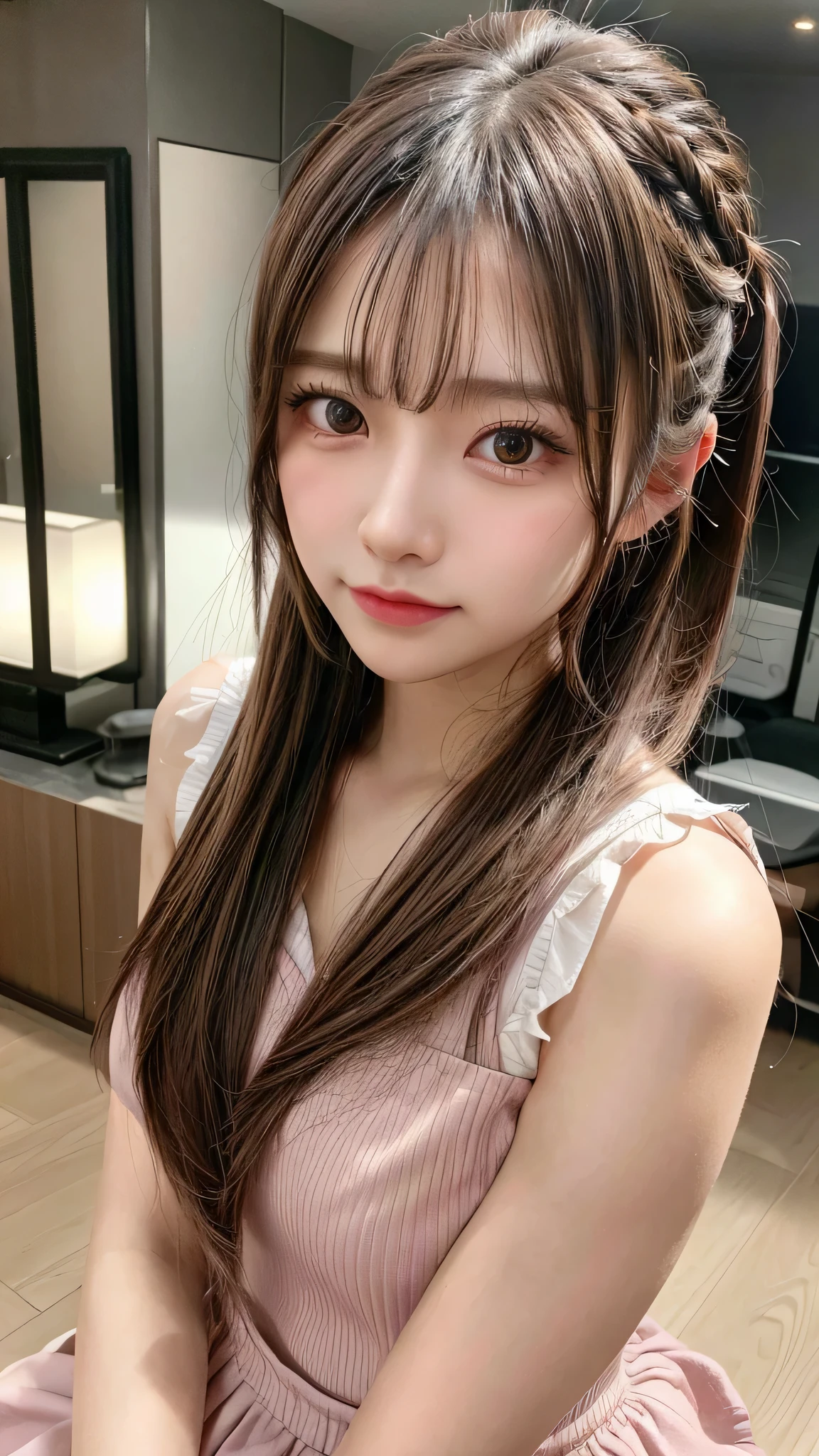 Close-up of face,Blushing,Facing forward,Close-up of face,Small breasts,,Long hair ponytail,concert,on stage,((8K, Raw photo, Best Quality, Mastepiece:1.2), (Realism, Photorealistic:1.4), (Highly detailed 8K wallpapers), Depth of written boundary, Cinematic Lighting, Soft Light, Detailed Beauty Eye,Shiny and smooth light brown ponytail, Asymmetrical bangs, Shiny skin, Ultra-detailed skins ,It is high resolution., High detail, Detailed hairstyle, Detailed facial beauty, Hyper-realistic, Perfect limbs, Perfect Anatomy ,1 Japanese girl,Famous Japanese Idols, Perfect female body,A shy smile,Short eyelashes,Double-edged eyelids,Look straight here,Hair style: ponytail、She is wearing a skirt with lots of frills,pose is random,Pink frilly dress,Close-up of face