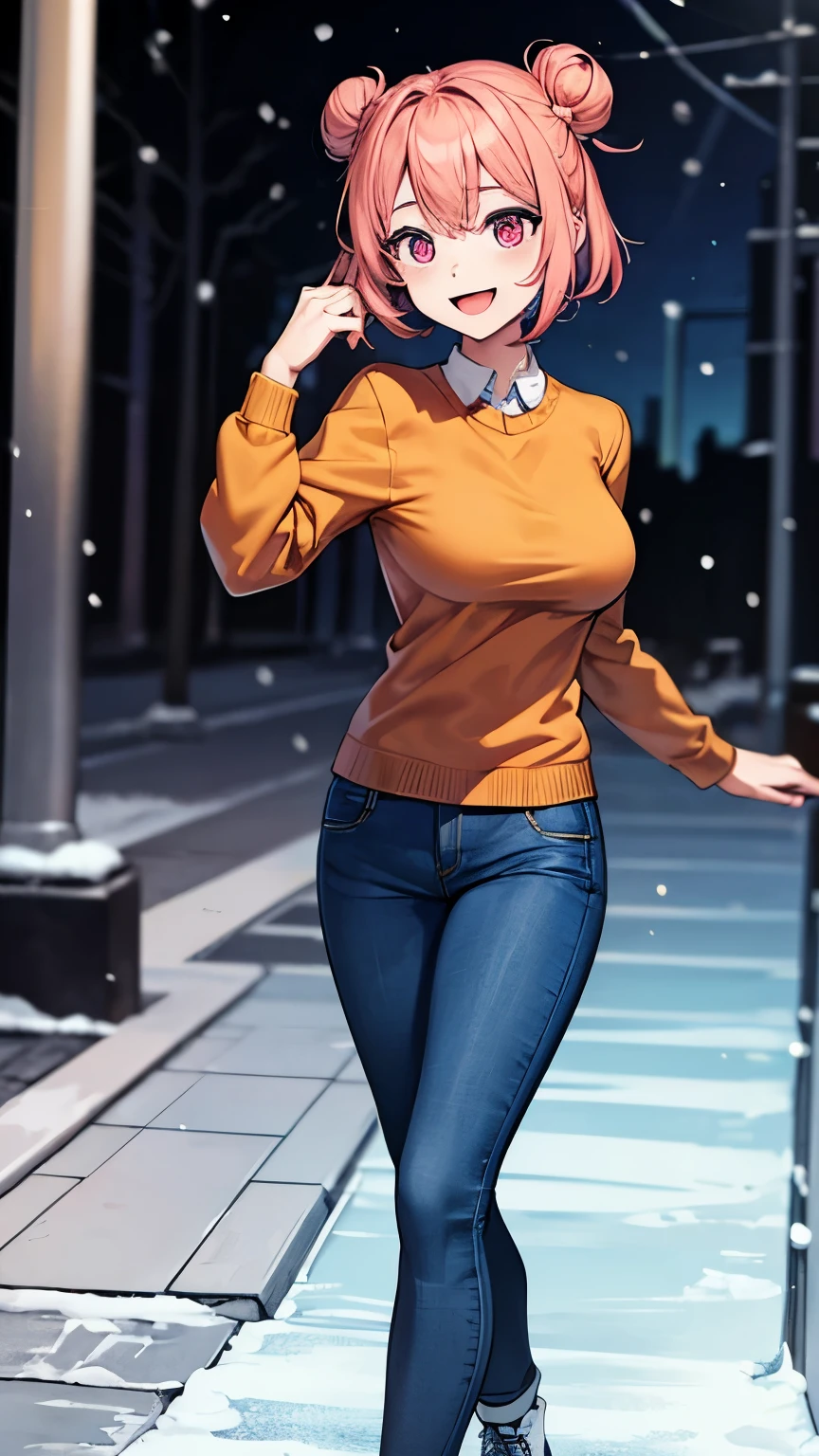 (masterpiece), best quality, expressive eyes, perfect face, 1girl, solo, tomboy, mature female, big breasts, short hair, , orange hair BREAK hair buns, double buns, pink eyes BREAK orange sweater BREAK blue pants BREAK standing, skating, ice skates, smile, :D, outdoors, snow forest, (ice, icy floor)