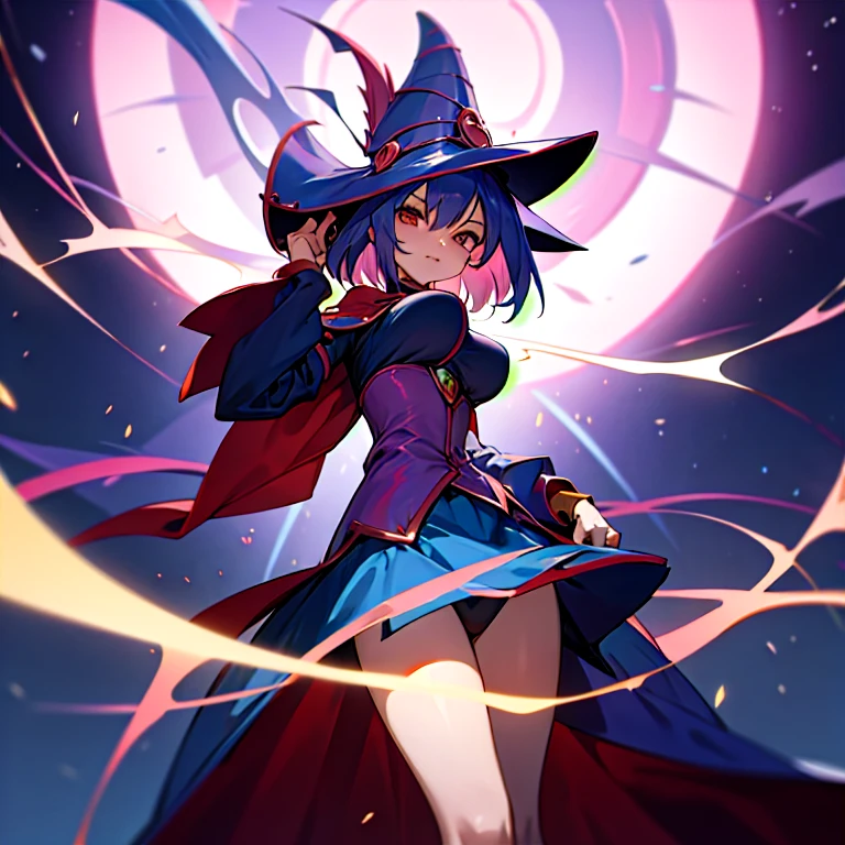 Dressed like the Dark Magician Girl from Yu-Gi-Oh!、View your viewers、A fixed look、big breasts、Emit an aura、Bad looking