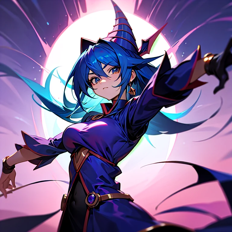 Dressed like the Dark Magician Girl from Yu-Gi-Oh!、View your viewers、A fixed look、big breasts、Emit an aura、Bad looking