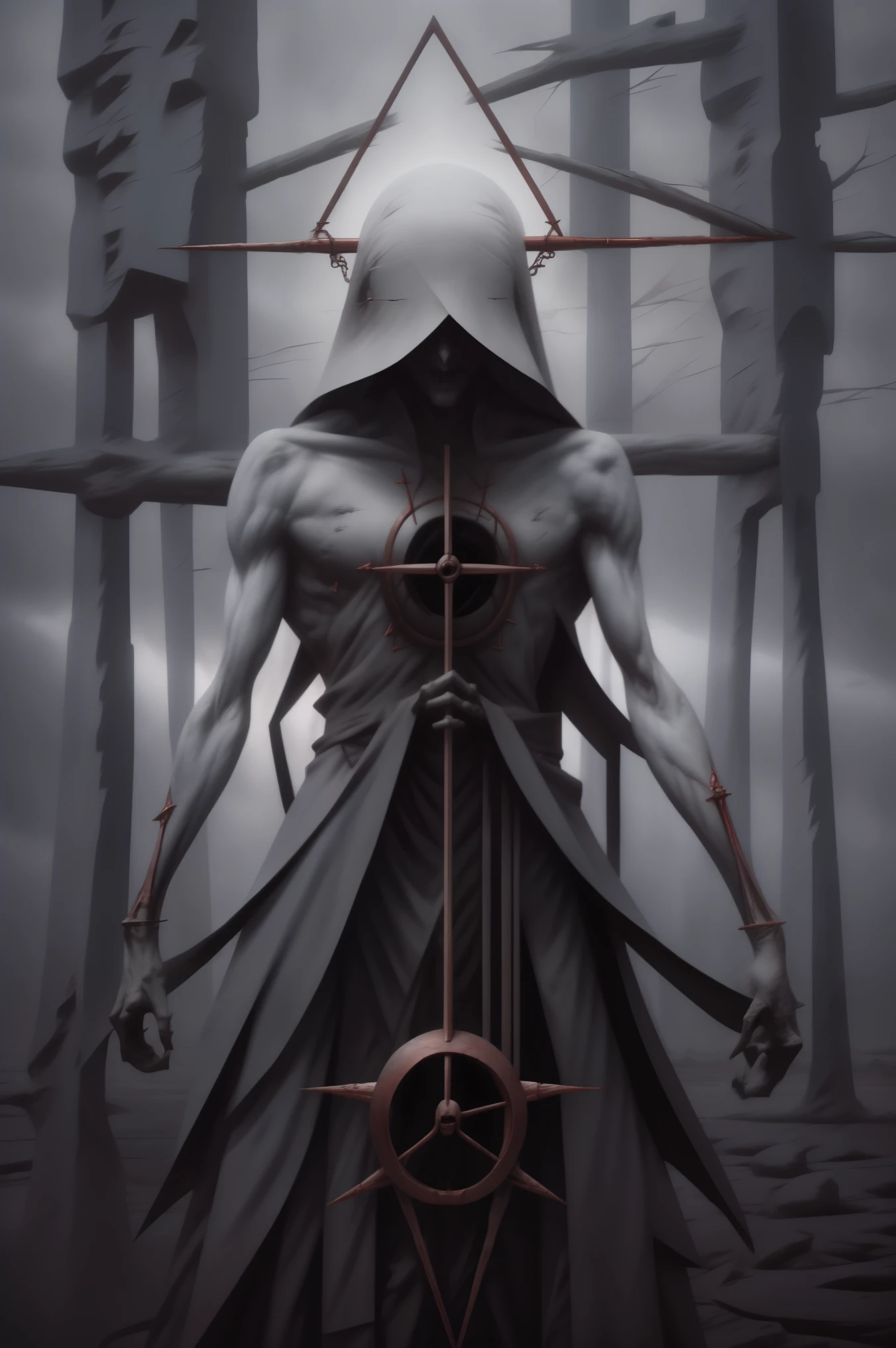 monstrous, Beautiful, Masterpiece, Best quality, perfect lighting, monster smile with crooked fangs, mask covering eyes, vitruvian man, Very skinny, disproportionately long arms, A sinister aura, something, chained, deity, pentagrams, cultist clothing