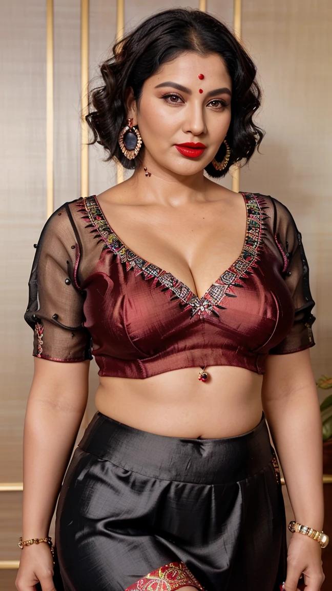 Gorgeous mature women, 45 years old mature aunty, sexy Hot chubby aunty, ((dark skin)), with (((red lipstick for lips))), (((big red Bindi))) and (((earring's))), (chubby mature skin), heavy makeup, black wavy hair, Indian mature women, (((wearing a well-decorated Crop silk top paired with a silk skirt))), cleavage, big breasts, big waist, thick thighs, vibrant colors, god proportion, perfect, detailed, soft lighting, fantasy artwork, (best quality, higher, realistic), front focus,