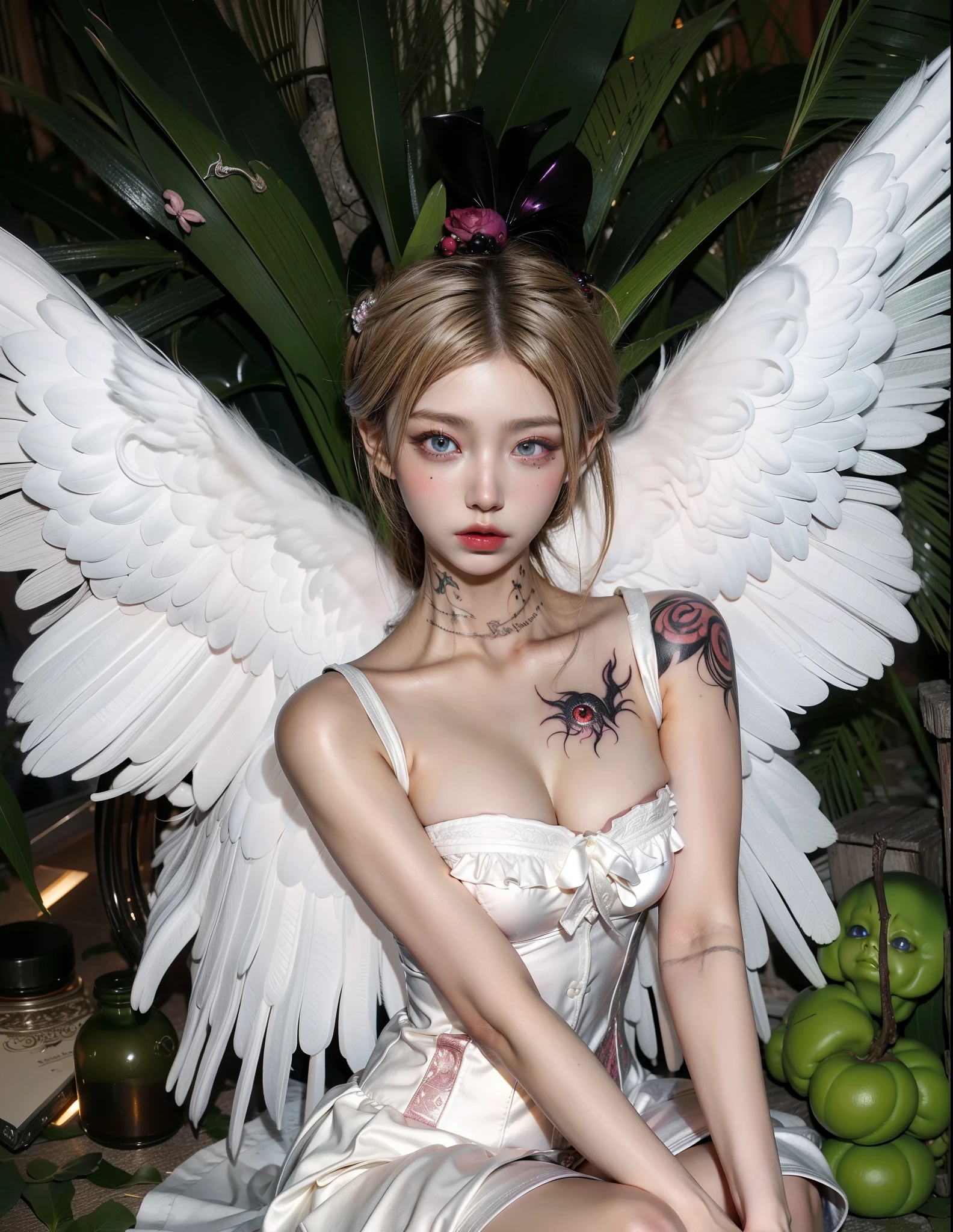 Detailed image quality,pandora witch,wing, Succubus Theme,堕落Angel,Excellent,scary,Secret Terror,Tentacles,With eyes,Uncanny Valley Effect,Beast Blood Moon,skeleton,vampire,Hellfire,Dark Queen,Angel,magician magic witch,Angel,eyes are blue(Pupils as deep as the starry sky),Gorgeous tattoo designs all over the body,tattoo queen,Angelwing,Squatting