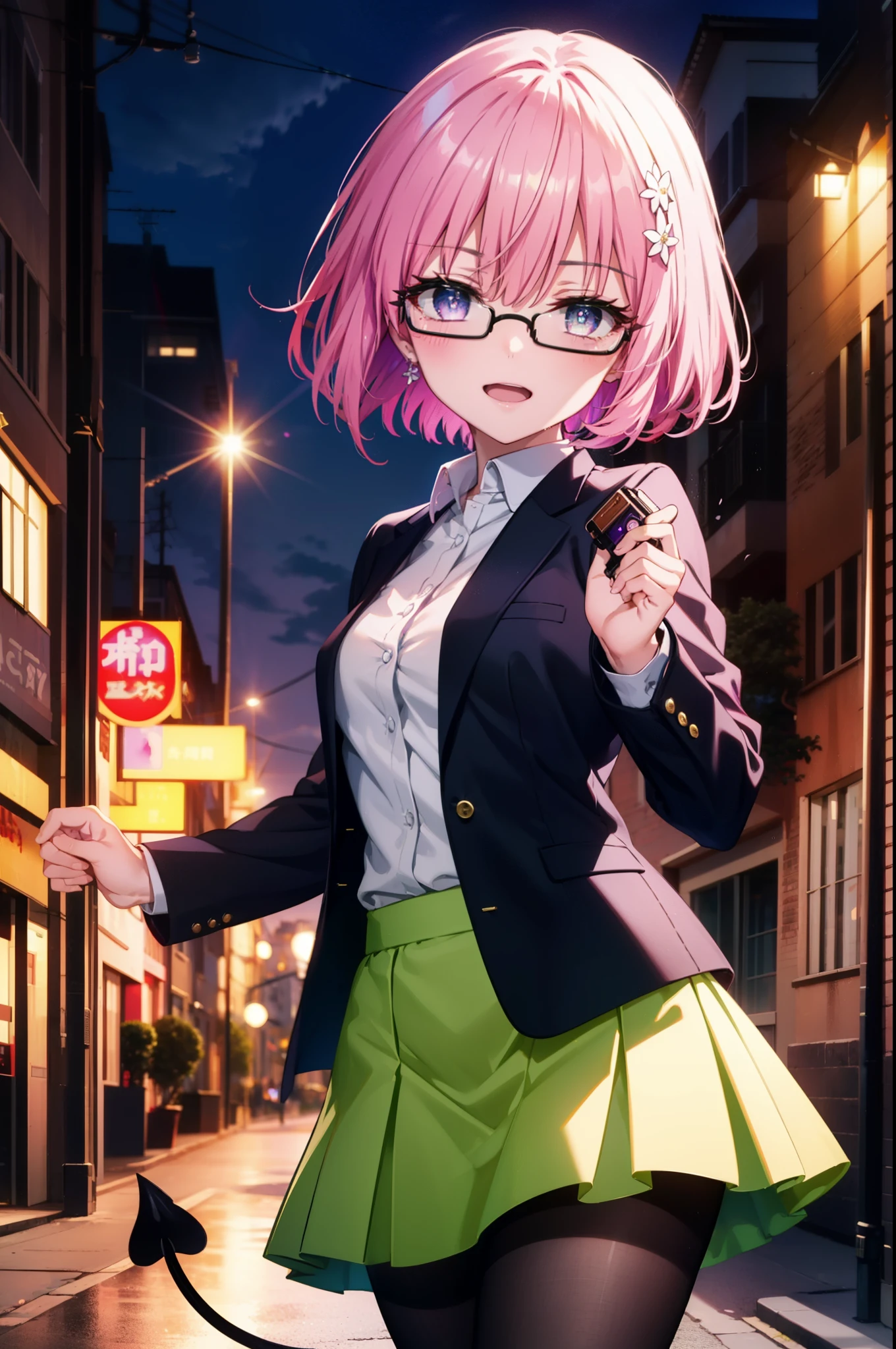 Momodeviluke, Deviluke type, demon tail, Hair Flowers, hair ornaments, (Purple eyes:1.1), Pink Hair, short hair, tail, happy smile, smile, Open your mouth,
break demon tail, Green Skirt, OL, Red glasses, end, black suit jacket, collared jacket, White dress shirt, Collared shirt, Neckline, button, strap, Black pencil skirt, Black pantyhose,Stiletto heels,morning,morning陽,The sun is rising,City Street,
break outdoors, In town,Building district,
break looking at viewer, (Cowboy Shot:1.5),
break (masterpiece:1.2), highest quality, High resolution, unity 8k wallpaper, (figure:0.8), (beautiful detailed eyes:1.6), extremely detailed face, Perfect lighting, extremely detailed CG, (Perfect hands, Perfect Anatomy),