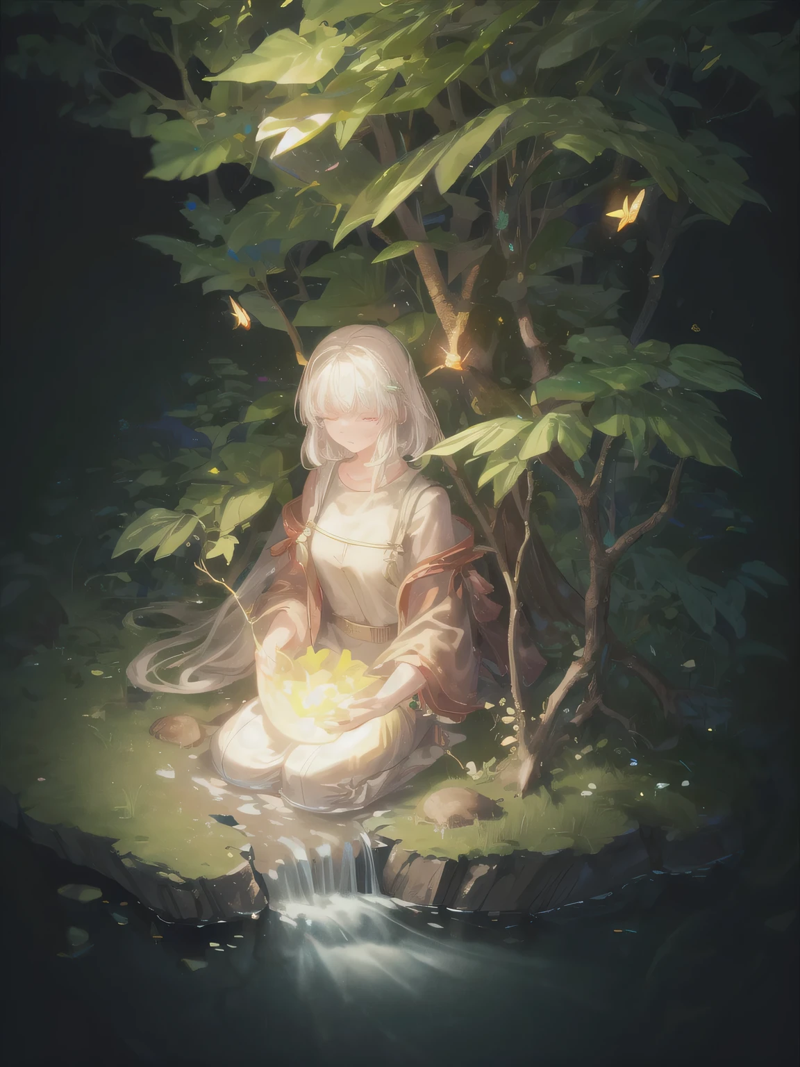 masterpiece, best quality, (Very detailed CG Unity 8k wallpaper), (best quality), (Best Illustration), (Best shadows), forest theme with Natural Elements. Tall trees, Quiet stream, glowing little mushrooms, surrounded by delicate Leaves and Branches, with firefly and glowing particle effects,, (Natural Elements), (Jungle theme), (Leaves), (Branches), ( firefly), Butterfly, (delicate Leaves), (glow), (particle effects). , Isometric 3D, Octane Rendering, Ray Tracing, Ultra Detailed