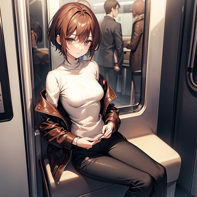 Masterpiece、Subtle details、korean women、One adult woman、Sophisticated、On a city train、Slender beauty、delicate、Model-like body、Korean Fashion、Sideboob、camisole(Intricate embroidery designs)、leather jacket、Riders jacket、Low rise skinny pants、tall、Stylish、Small breasts、Korean Makeup、Sharp Eyes、Cool Beauty、older sister、Pixie Cut、The hair ends are trimmed、Asymmetrical bangs、short nape、Hair with reduced volume、Thick-soled boots、Reddish brown hair、