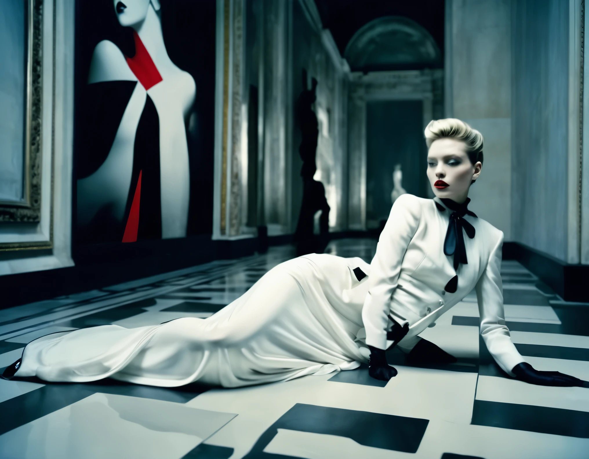 (a cinematic film still of a fashion shoot), a woman model laying posing in a modern art museum, fashion haute couture garments by Alexander McQueen, photography by Paolo Roversi, sharp focus, cinematic lighting, fashion style, moody, film grain