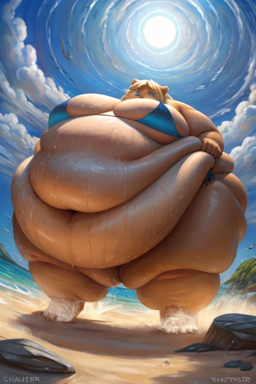breathtaking oil painting, masterpiece, best quality, a morbidly obese anthro lion girl swimming on a beach, ((impossibly obese)), fat obese, lion, lioness, tail, large breasts, huge belly, wide hips, (fatfur), hyper fat, (enormous), (((obese))), blob, ((fat rolls, rolls,)), ((hyper obese)), furry, long hair, blonde hair, tired, (bikini, tight bikini), exhausted, immobile, ((too fat to move)), strechmarks, photorealistic oil painting, by charlie bowater, fine details, by wlop, trending on artstation, very detailed , very detailed,megafat, furry, fat, obese,fat_rolls, soft, obese, weight_gain, fattening, blue eyes, sweaty, exhausted, ((extremely low-angle shot)), swimming,