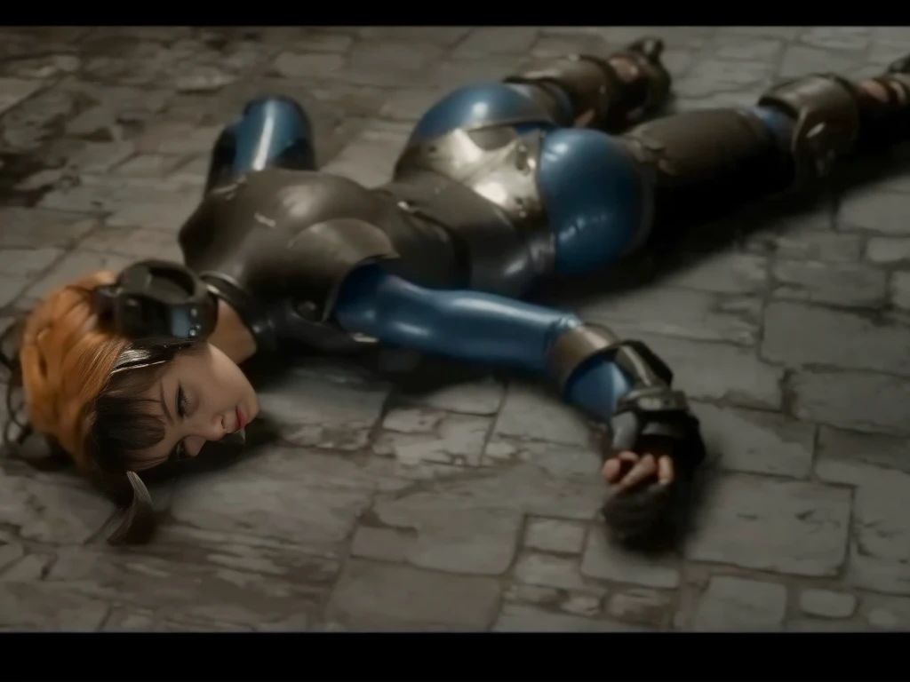 a close up of a person in a bodysuit laying on a brick floor, in mortal kombat, character from mortal kombat, cgi cutscene, cursed imagery, discarded mechsuit in background, 9 0 s cgi, destroyed body, captura, vivec robot, only one robot kid on the ground, blue leather armor, kitana from mortal kombat, very detailed face, big butt in thong, blue latex bodysuit, very short ginger hair, long legs