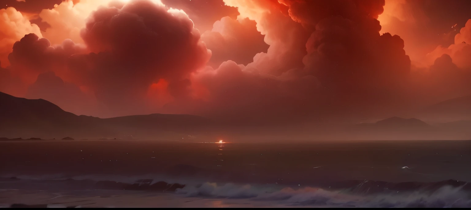 hell, red clouds, darkness, ocean
