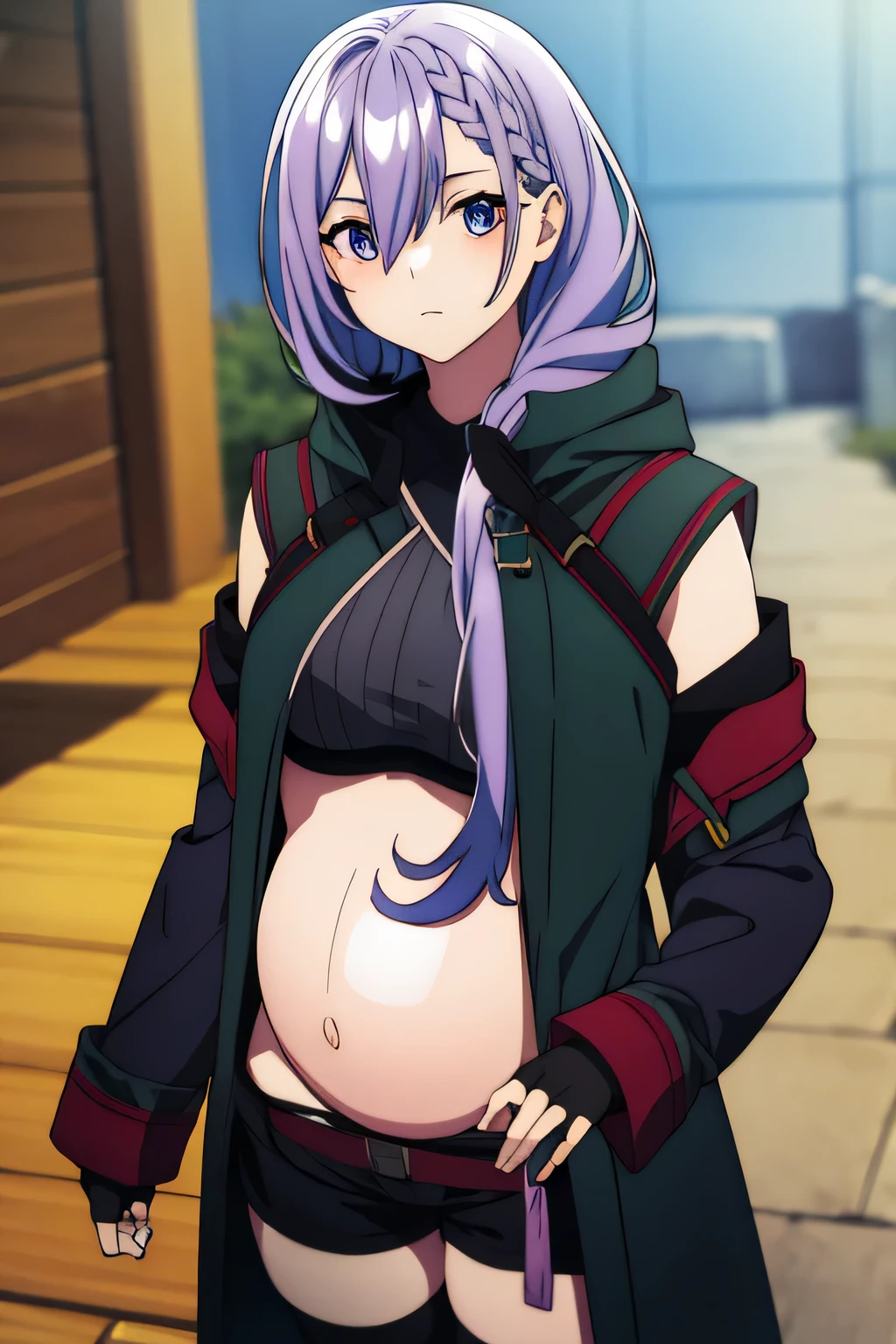 iseleveluna, luna jacket, long hair, purple hair, braid, hair between eyes, braided bangs,
BREAK thighhighs, gloves, shorts, midriff, fingerless gloves, mask,
BREAK looking at viewer,
BREAK outdoors,
BREAK (masterpiece:1.2), best quality, high resolution, unity 8k wallpaper, (illustration:0.8), (beautiful detailed eyes:1.6), extremely detailed face, perfect lighting, extremely detailed CG, (perfect hands, perfect anatomy), pregnant
