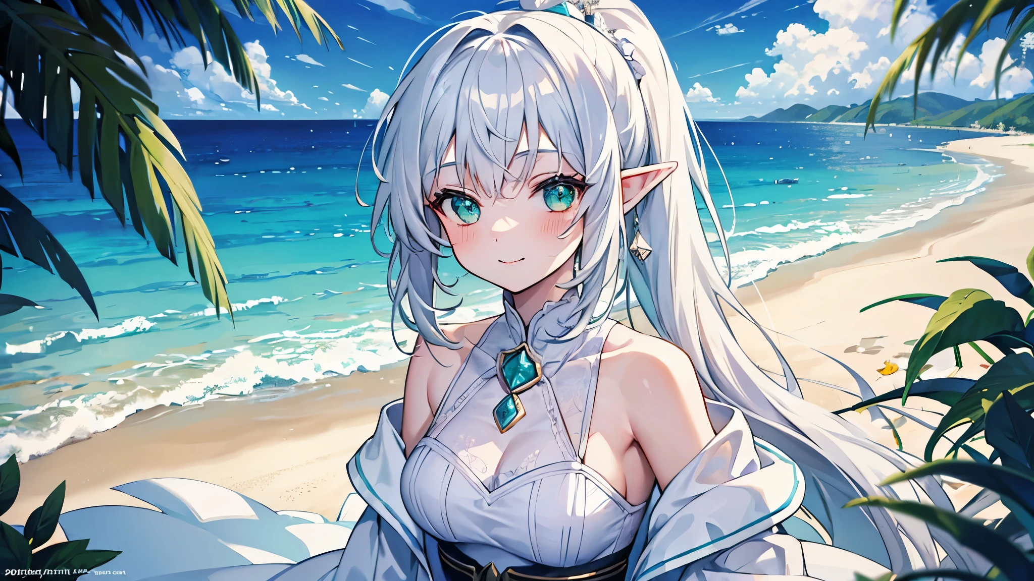 ((4k, Masterpiece, Absurd, High resolution, Best quality, Ultra detailed))
Young elf, green eyes, pretty girl, beautiful girl, happy smiles. White shirt, white hair, long hair, blush, sparkling eyes, two-tone hair, ponytail, cute, eyes up. Simple and elegant, we say, beach landscape, cumulonimbus clouds.