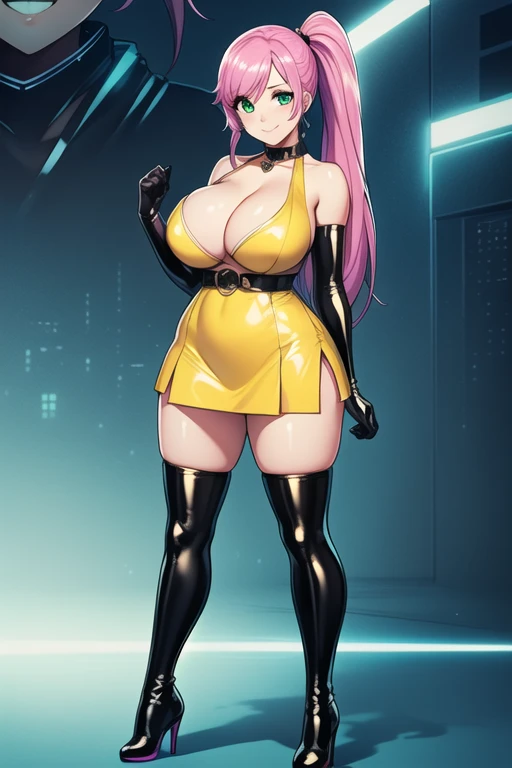 1 girl, 19 years old, Long pink hair, green eyes with slit pupils, master-piece, best quality, (standing up), (hair in a ponytail), (yellow short dress, black gloves, patent leather high heel boots, cleavage), (Big , ultra gigantic , Super super big, Glamorous body), Make eye contact with the camera, front figure, looking forward, (light_Smile:1.5), (Detailed hands and fingers:1.2) (Cyberpunk City), (FULL BODYSHOT), thighs thighs thighs thighs、beauty legs、Bare legs