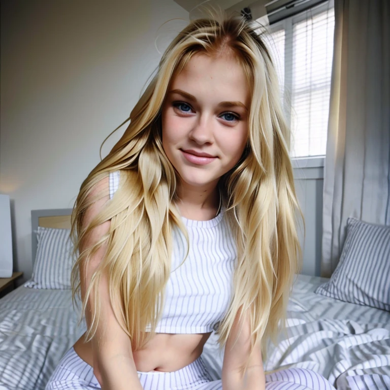 a sexy blonde girl , beautiful face and cute face expression, sitting on bed, looking at the viewer, long blonde hair, wearing white croptop arms uncovered and white string, best quality, 8k, highly detailed, realistic lighting added
